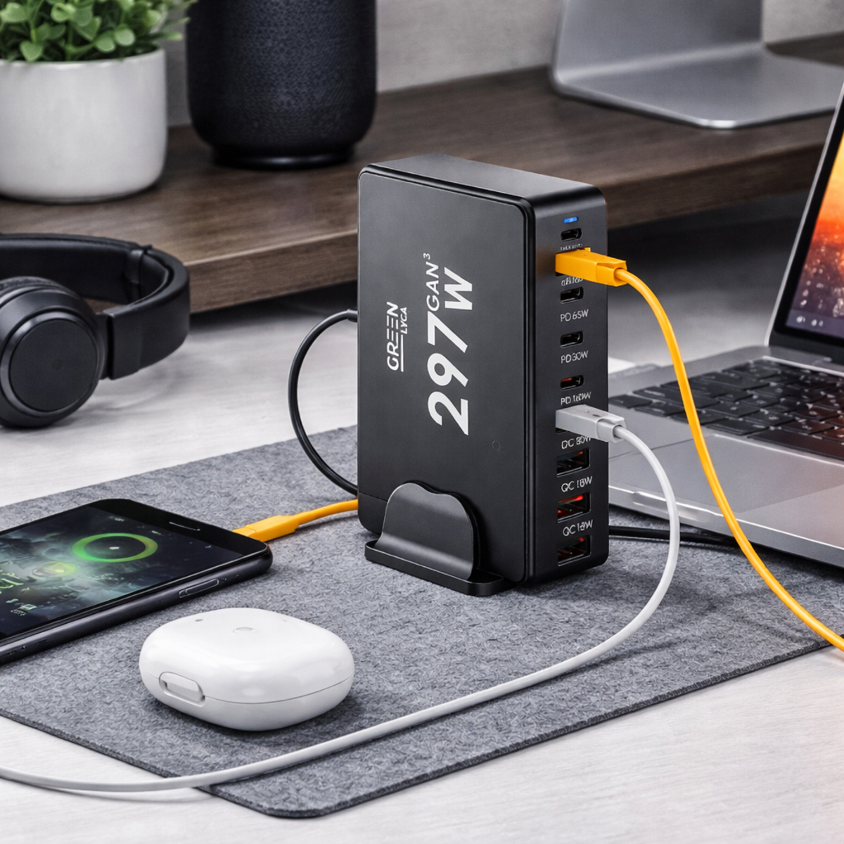 Un cargador negro multiportátil cargando un teléfono, auriculares y un portátil.