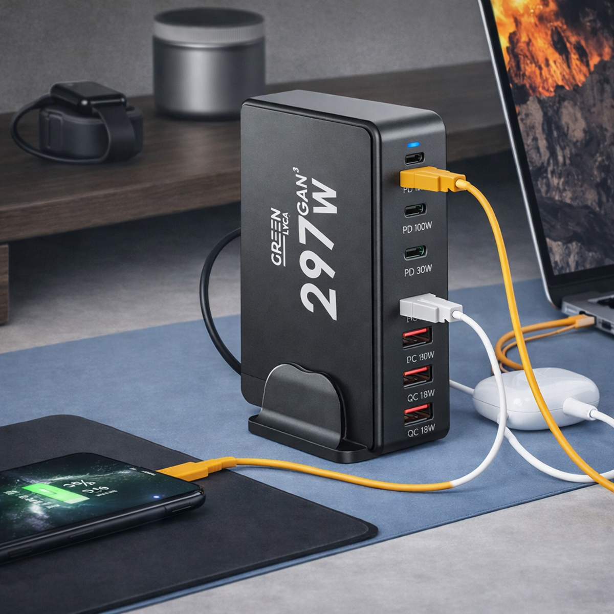 Un cargador negro de 297W con múltiples puertos, cargando un teléfono y un portátil.