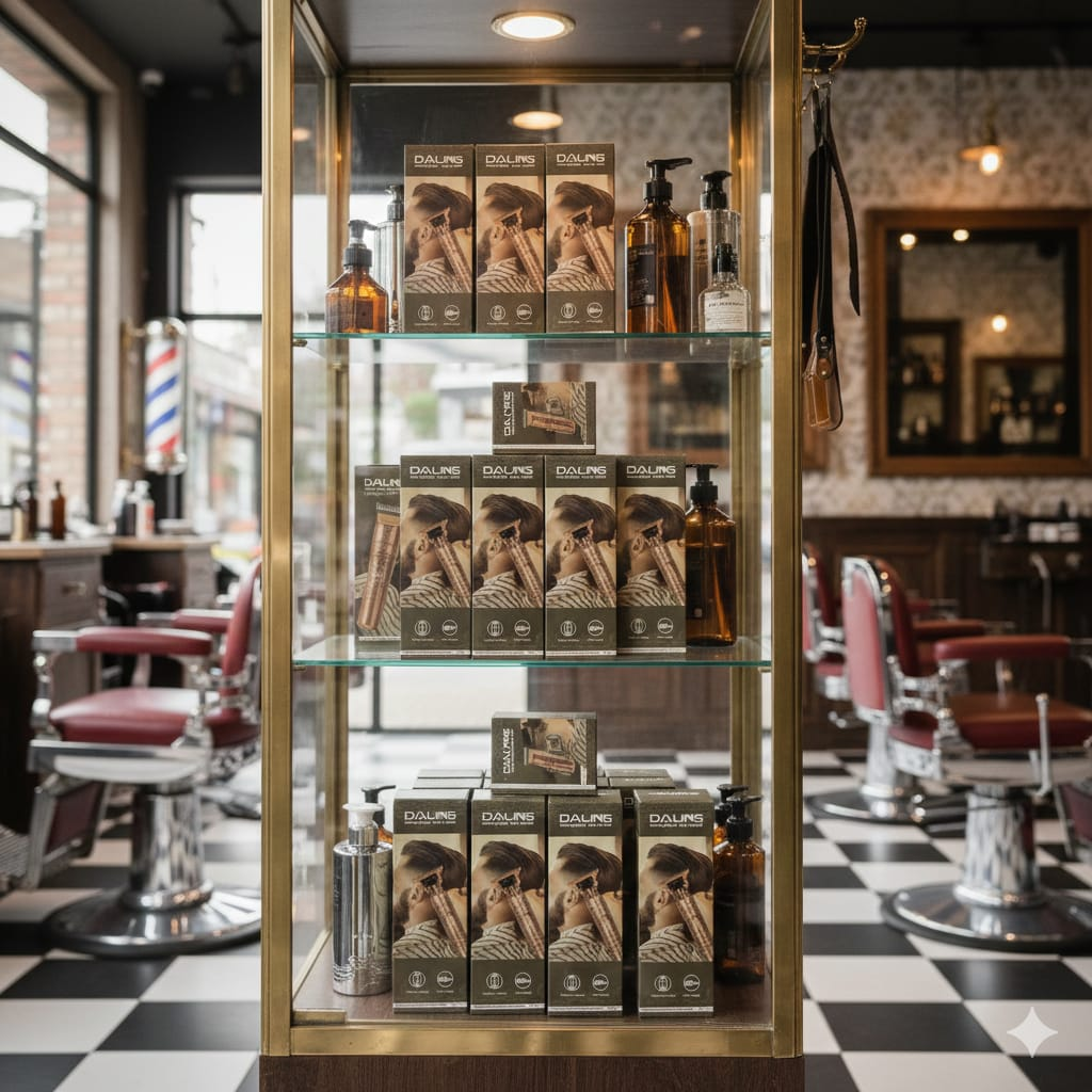 Expositor de barbería con productos de aseo, sillones de barbero al fondo.
