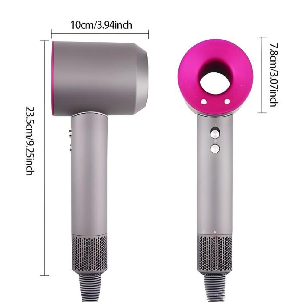 Secador de pelo gris con anillo rosa y dimensiones.