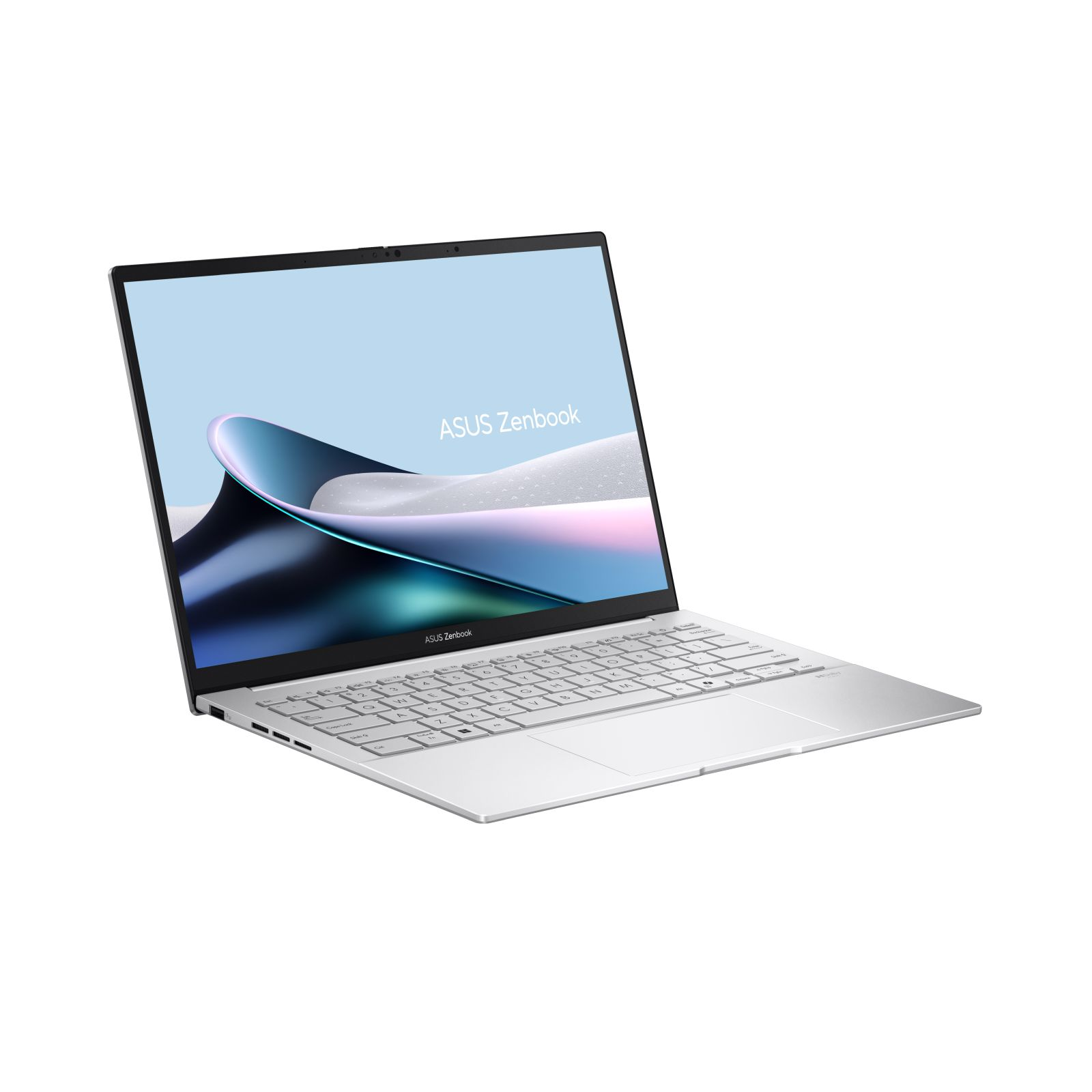 Un ordinateur portable Asus Zenbook argenté ouvert, clavier et écran visibles.