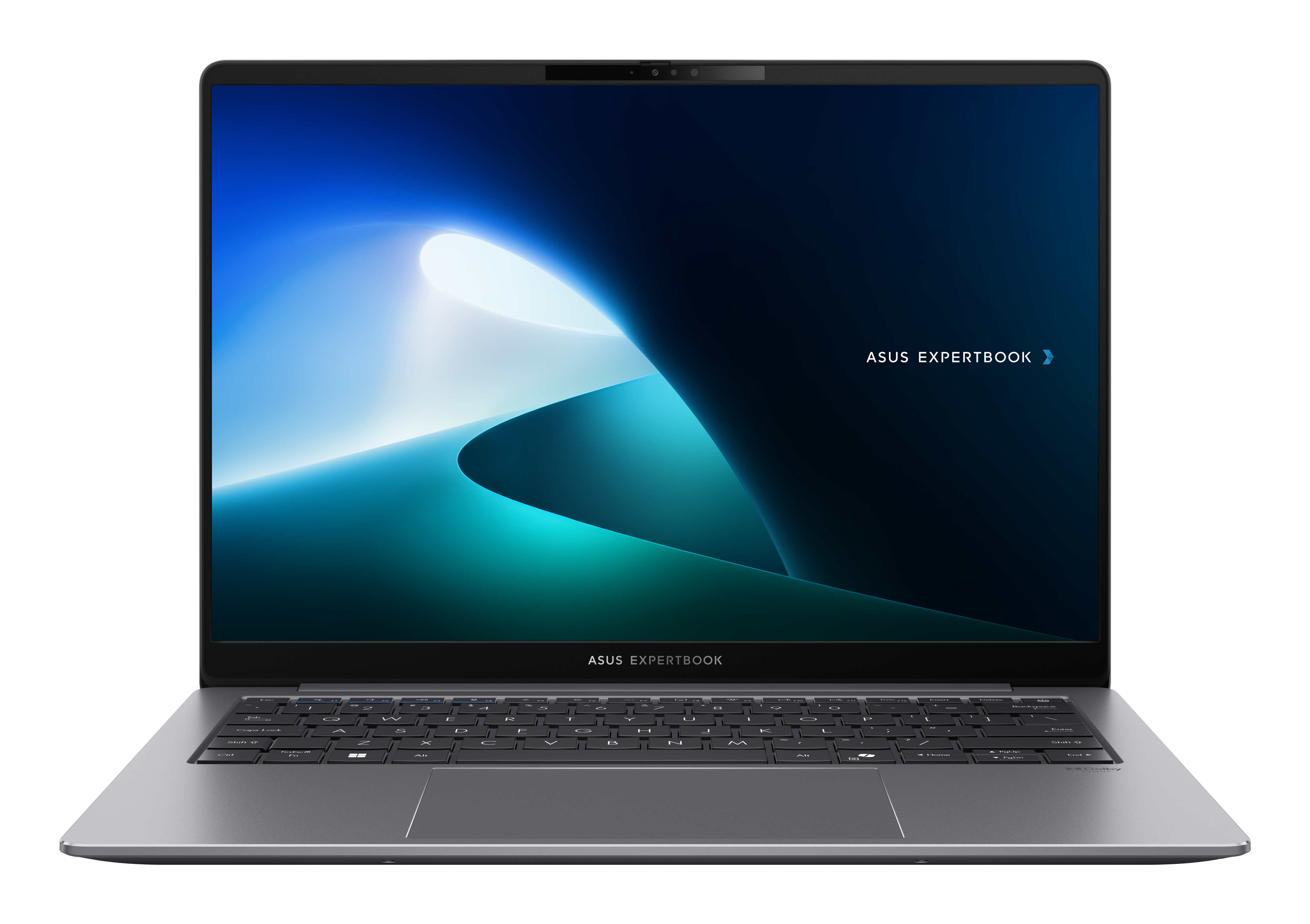 Ein silberner Asus Expertbook Laptop mit blau-grünem Hintergrund.