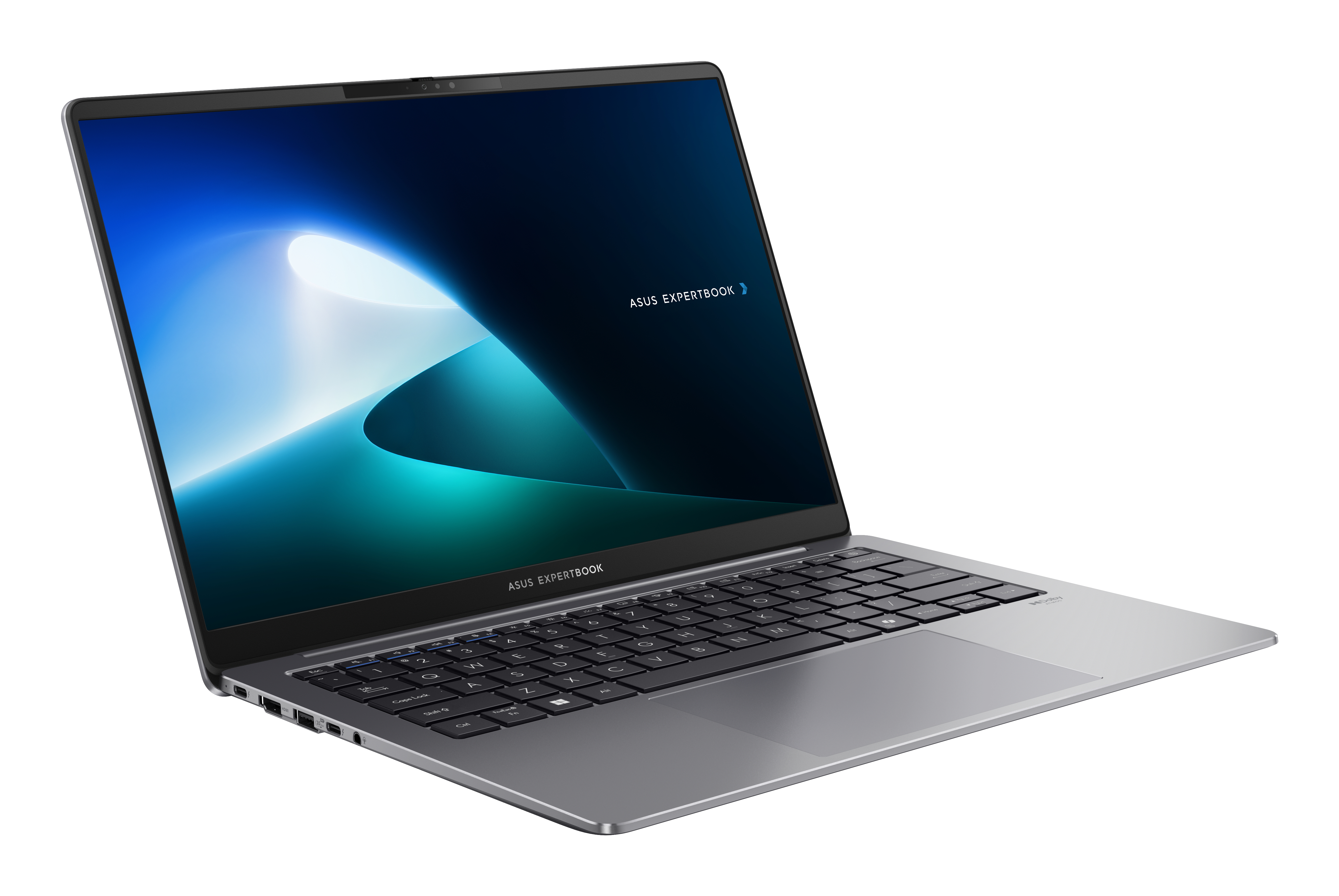 Ein silberner ASUS ExpertBook Laptop mit blau-grünem Hintergrund.