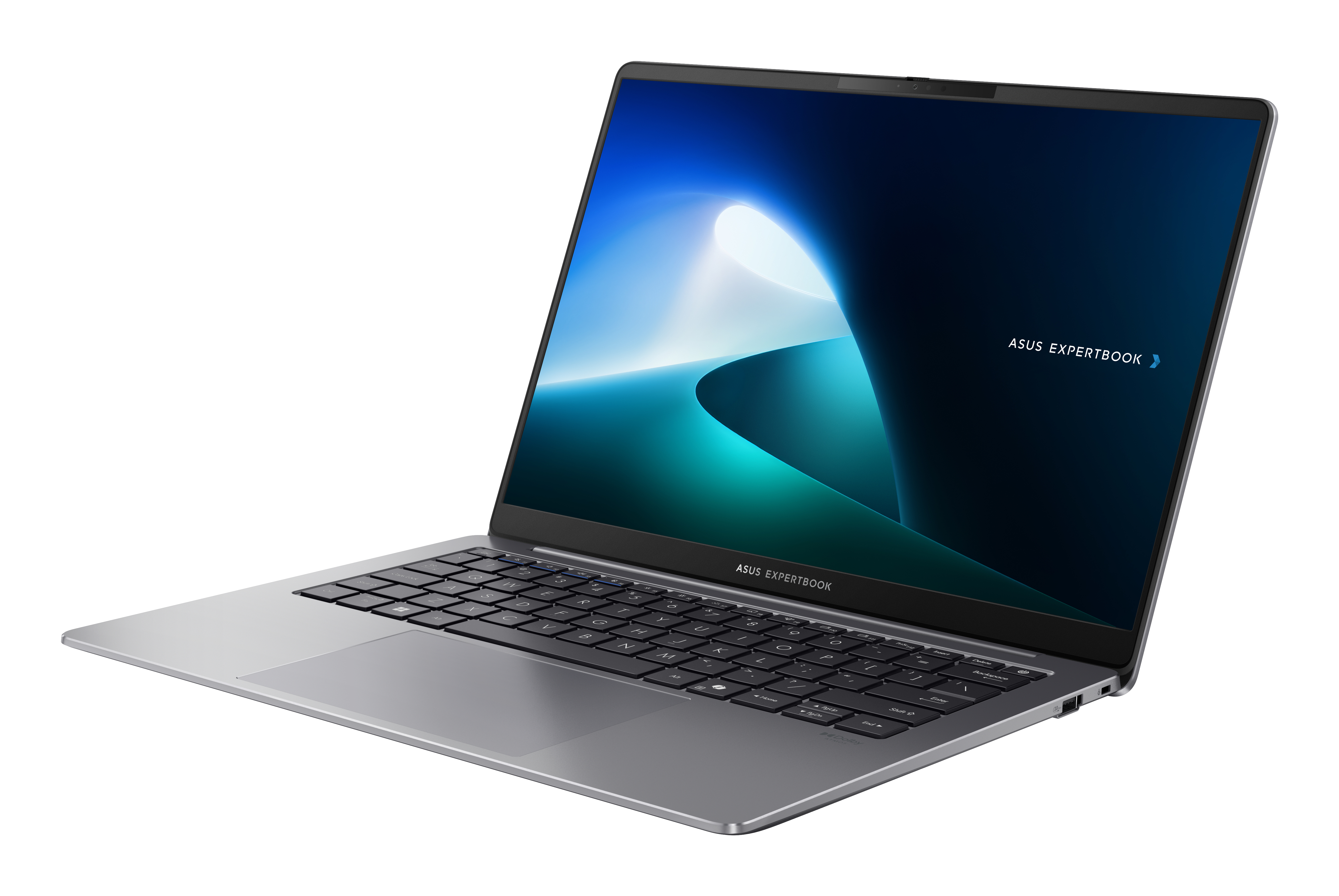 Ein silberner Laptop mit geöffnetem Display, auf dem ein blauer Hintergrund zu sehen ist.