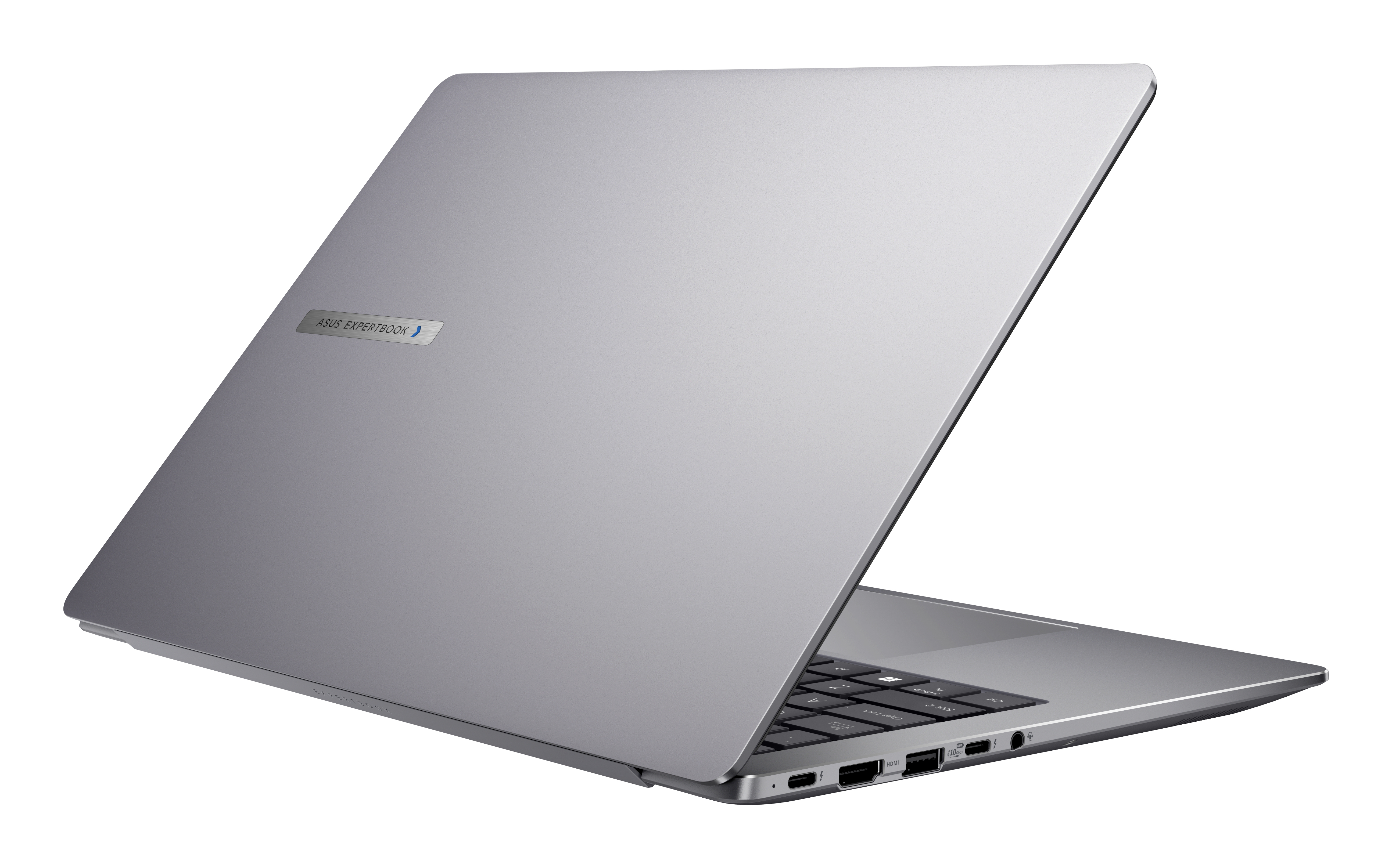 Ein geöffneter, silberner Asus Expertbook Laptop mit Blick auf die Tastatur und Anschlüsse.