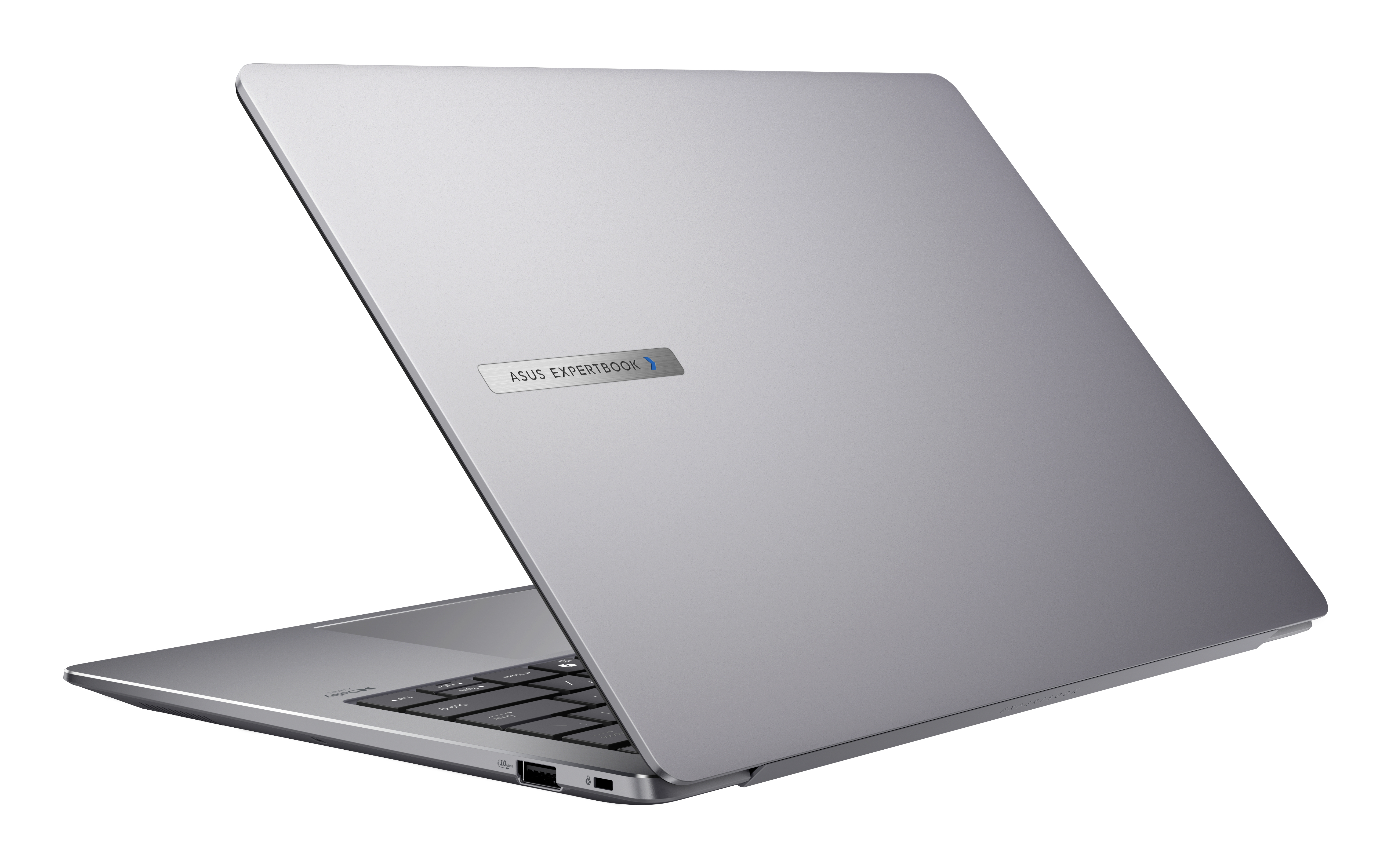 Ein silberner Laptop mit geöffnetem Deckel, Tastatur sichtbar, ASUS EXPERTBOOK-Logo.
