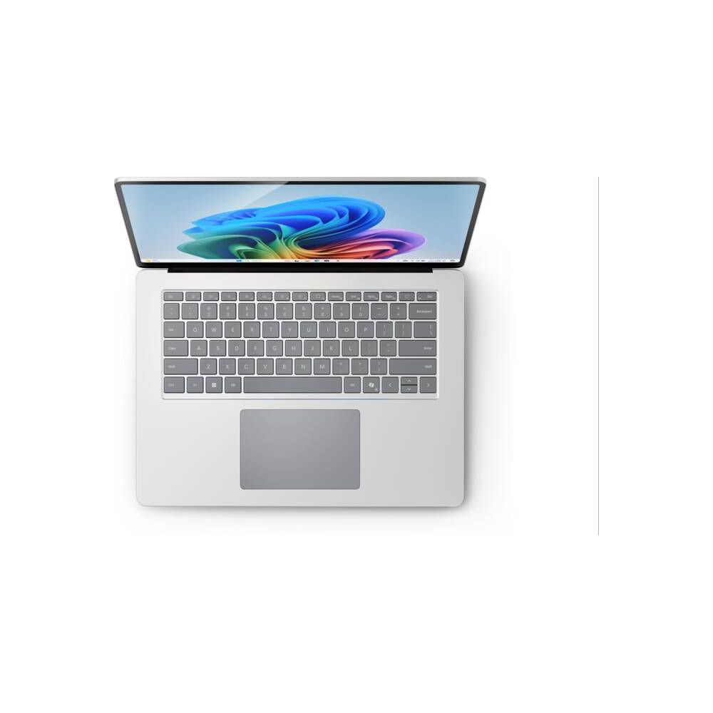 Ein offenes Silber-Laptop mit einem bunten Hintergrund auf dem Bildschirm.