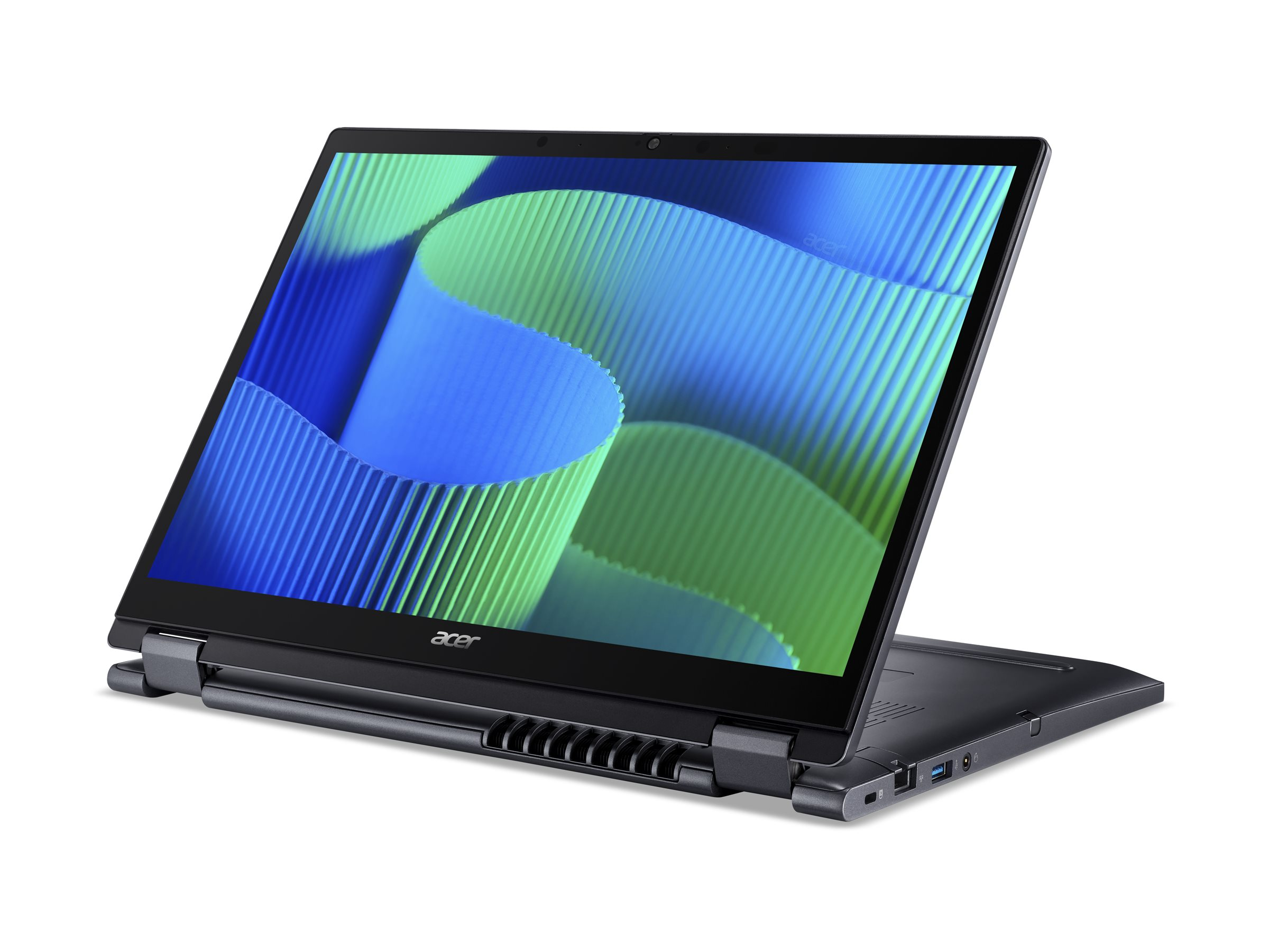 Ein geöffneter Laptop mit blau-grünem Hintergrund auf dem Bildschirm.