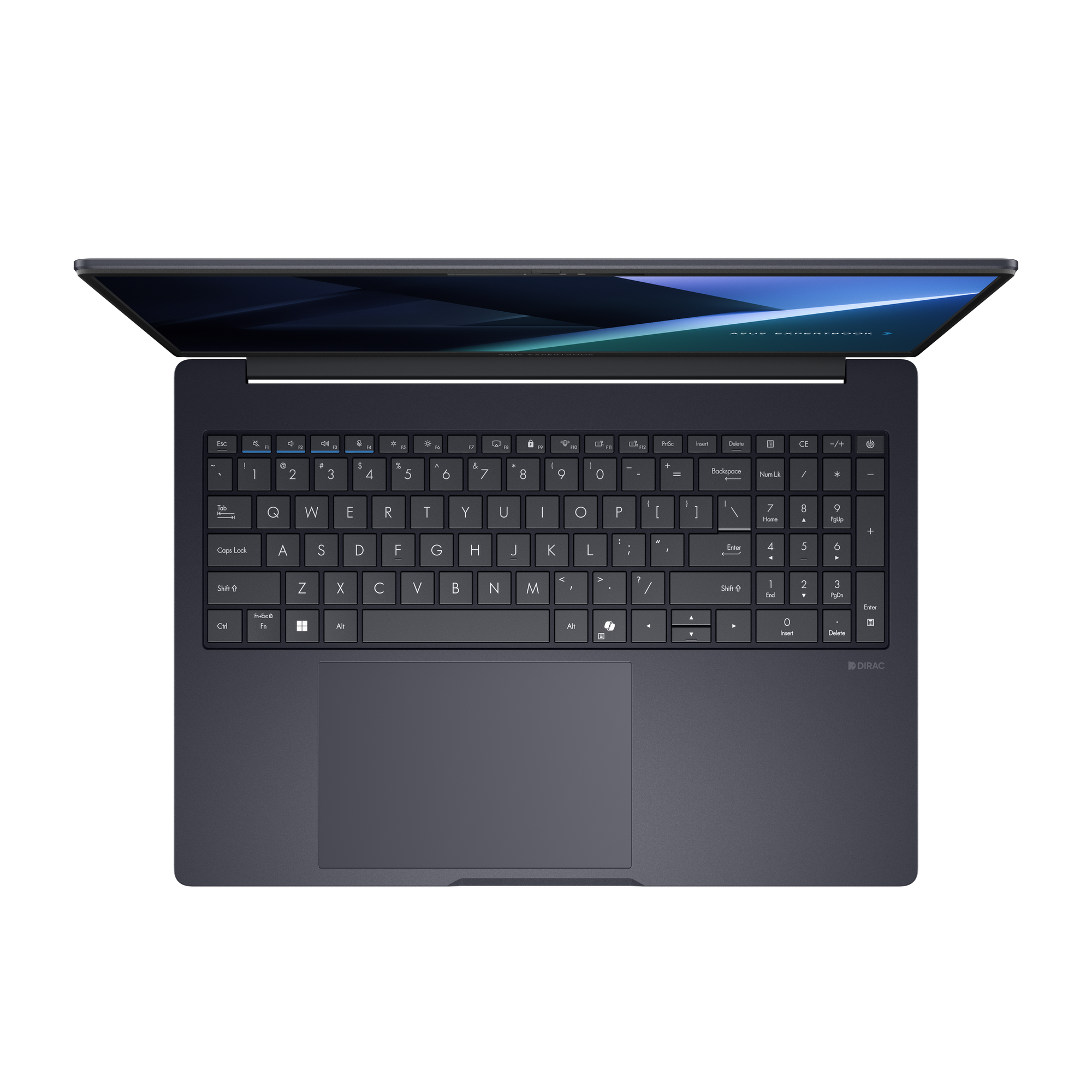 Ciemnoszary laptop z otwartą pokrywą, widoczna klawiatura i touchpad.