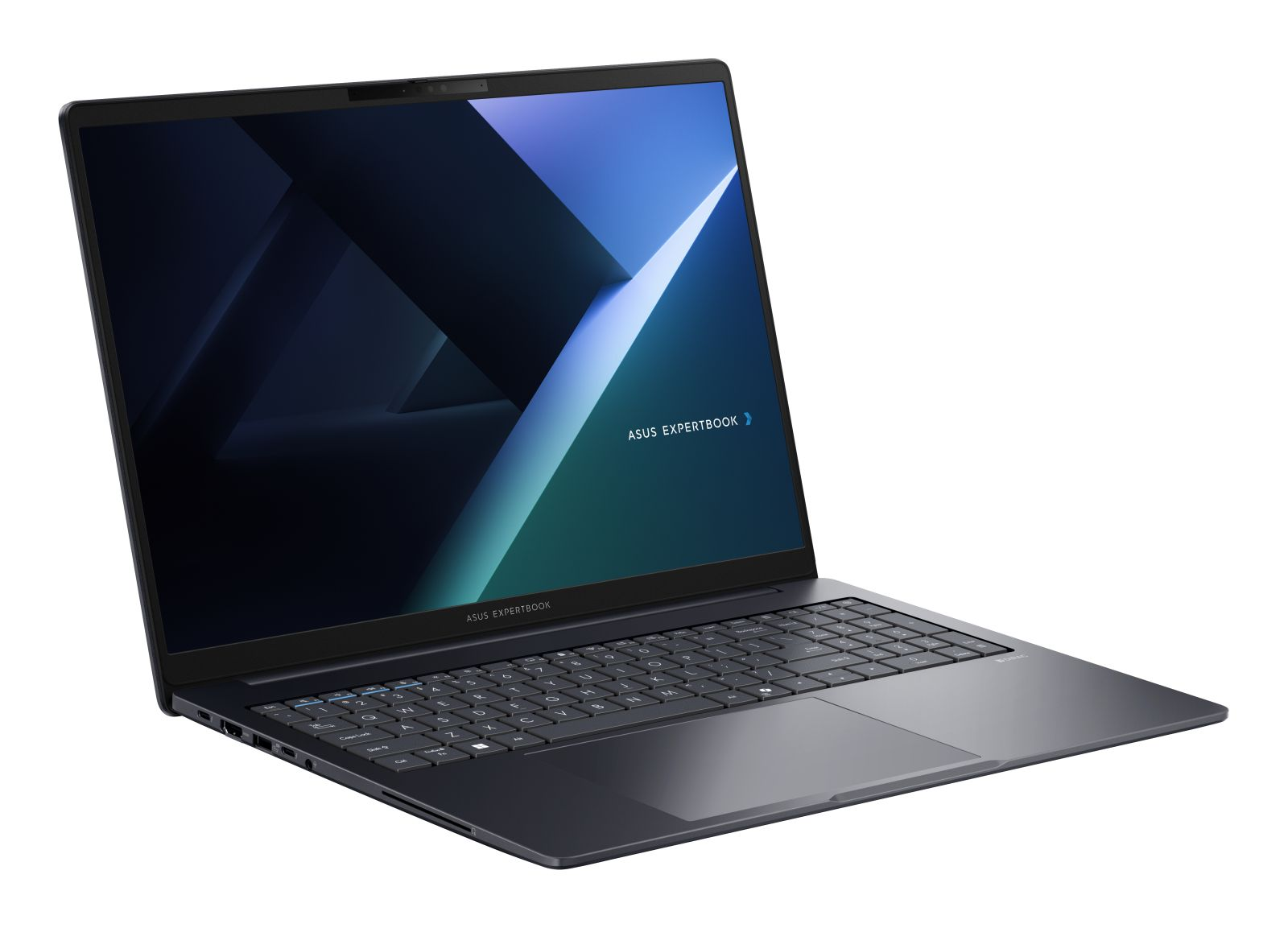 Ciemny laptop Asus ExpertBook z podświetlaną klawiaturą na białym tle.