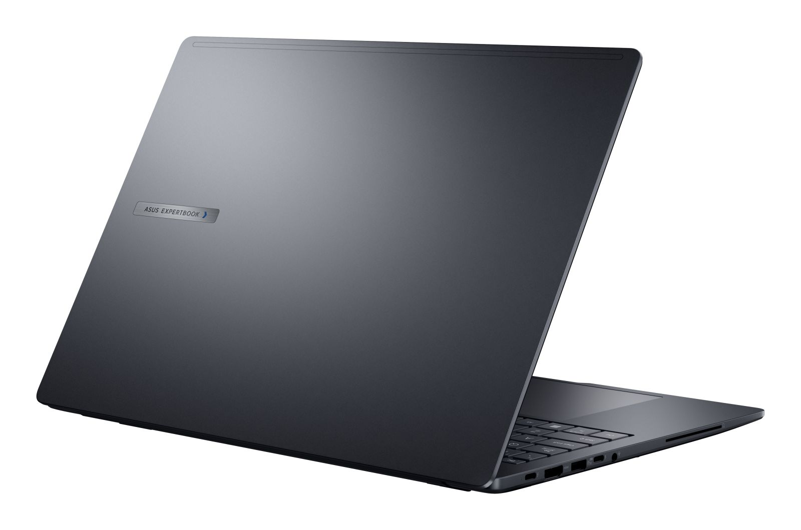 Zamknięty, ciemnoszary laptop z logo ASUS EXPERTBOOK na pokrywie.