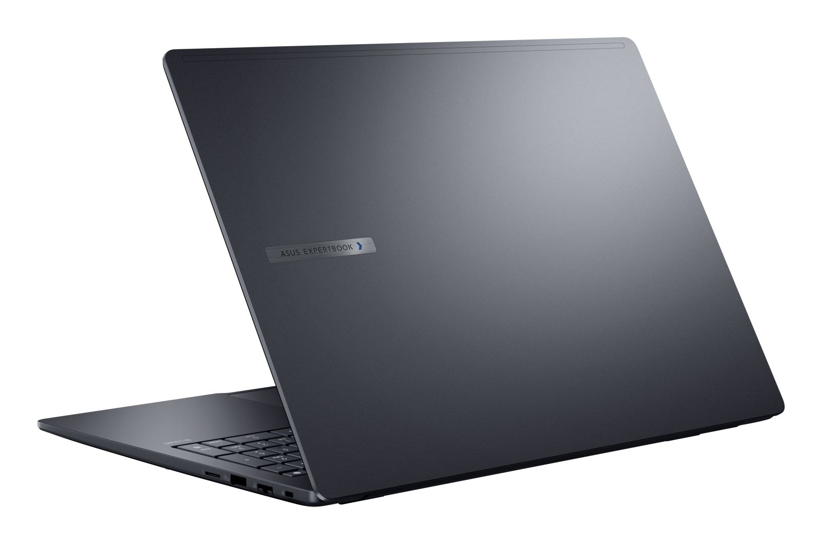 Ciemnoszary laptop Asus Expertbook, widziany od tyłu, z klawiaturą.