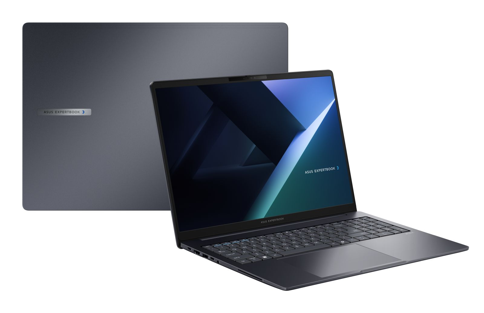 Otwarty, ciemny laptop z niebiesko-zieloną tapetą i klawiaturą.