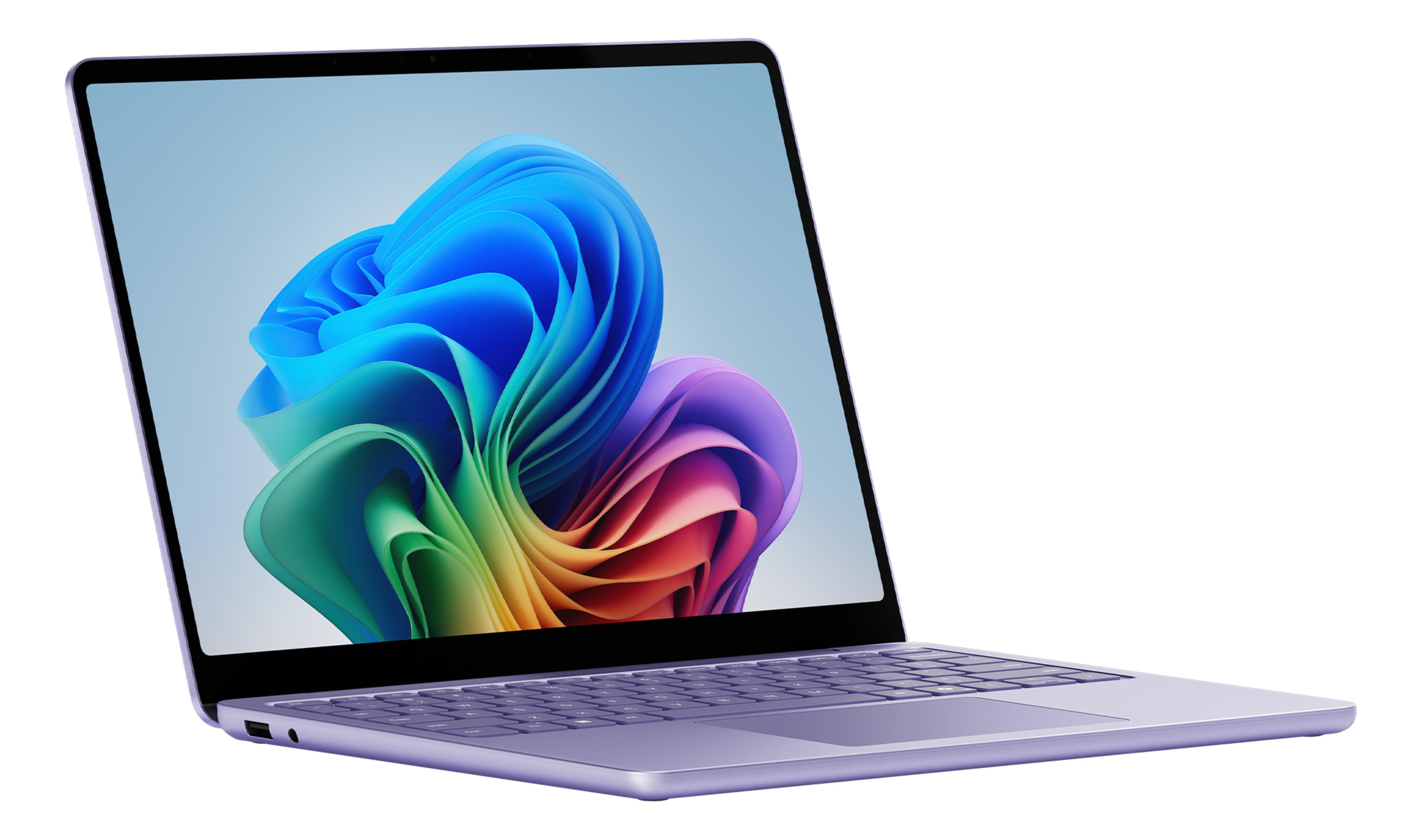 Un laptop viola con uno sfondo astratto e colorato sullo schermo.