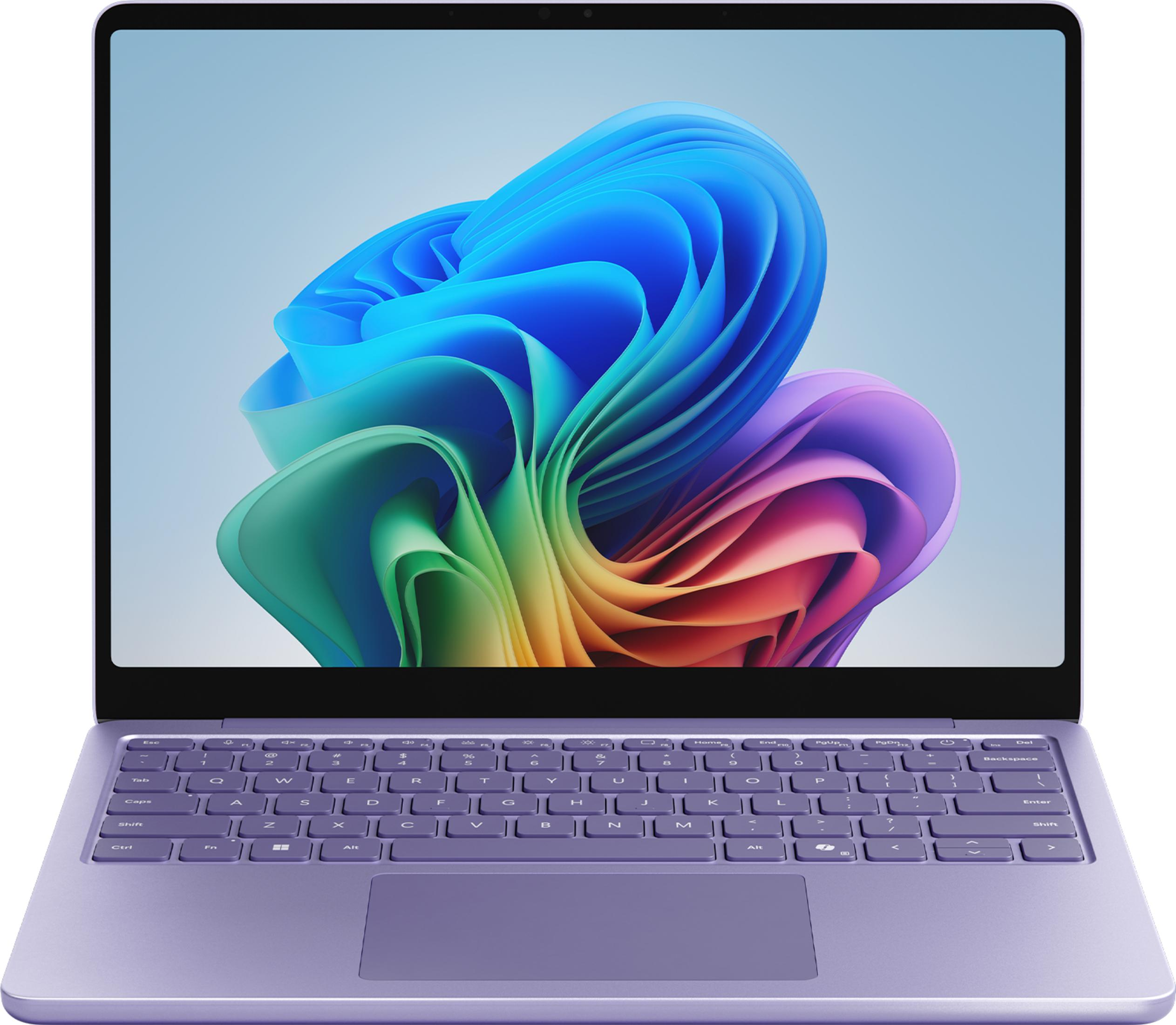 Un laptop viola con uno sfondo astratto e colorato visualizzato sullo schermo.