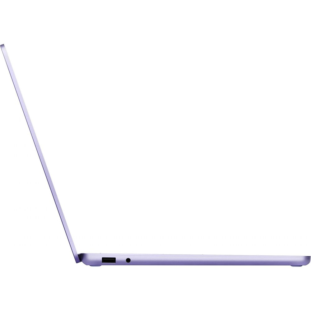 Vista di profilo di un laptop viola con porta USB-C e jack per cuffie.
