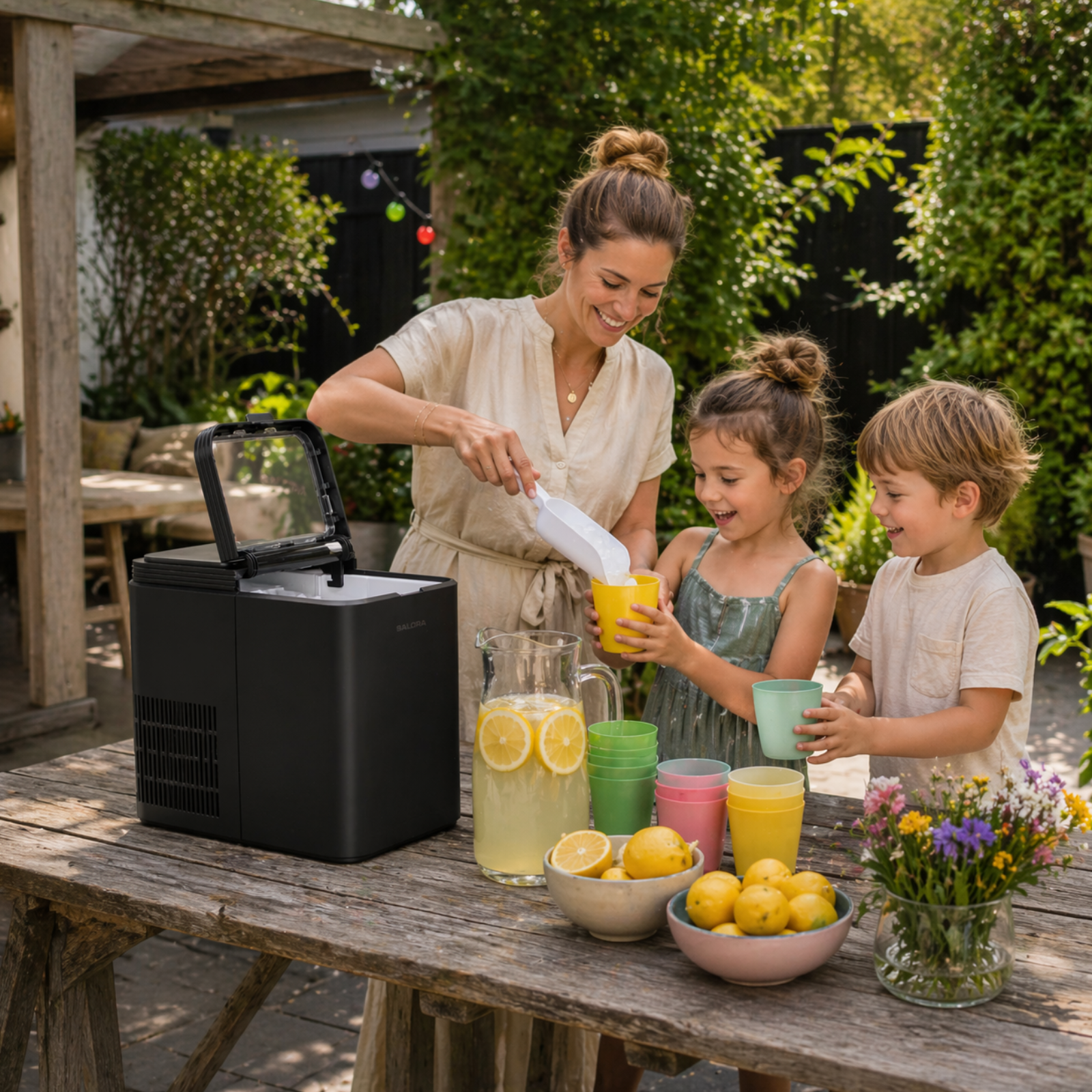 Una mujer añade hielo a vasos para niños al aire libre, con limonada y limones en mesa.