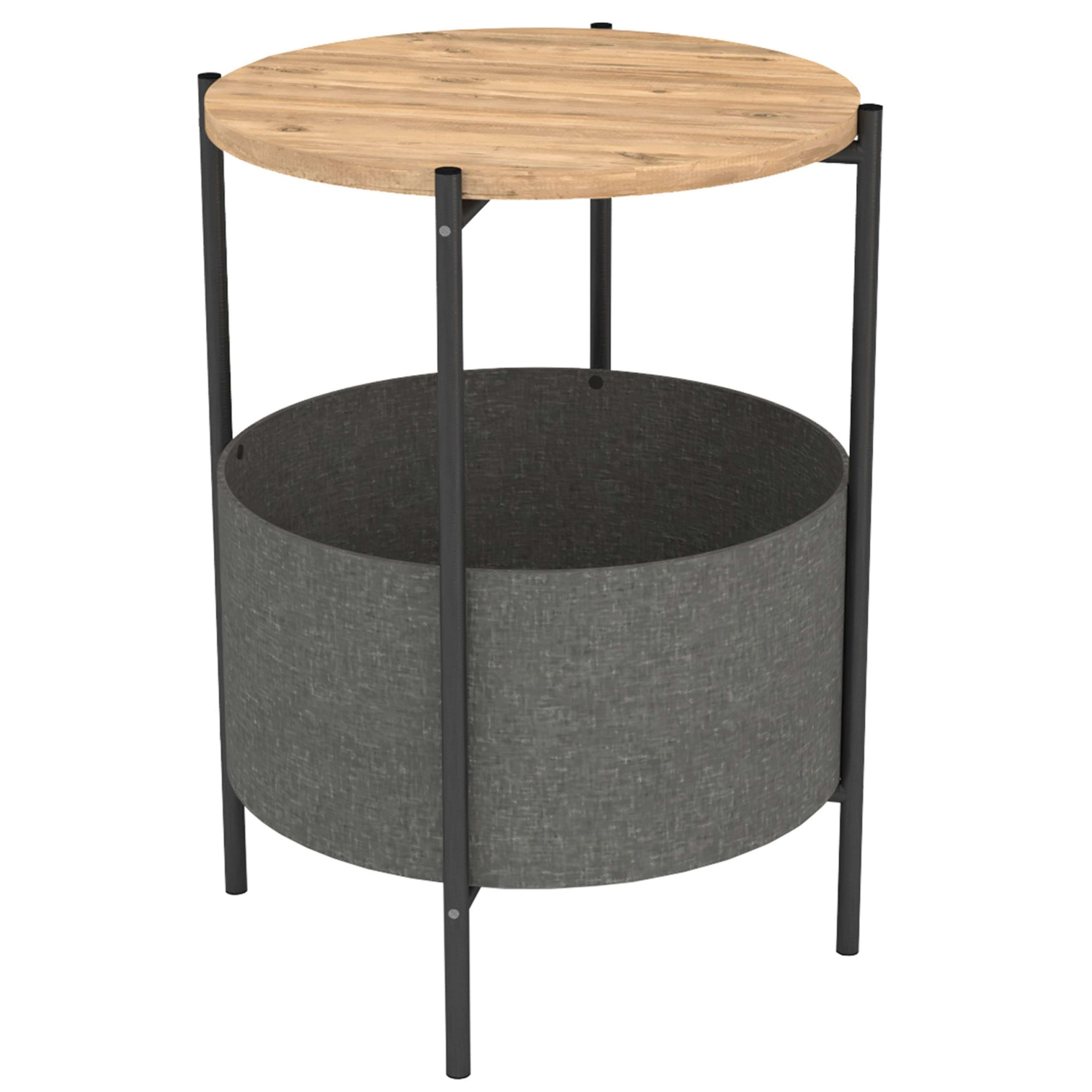 Mesa redonda de madera con estructura de metal negro y cesta de tela gris.