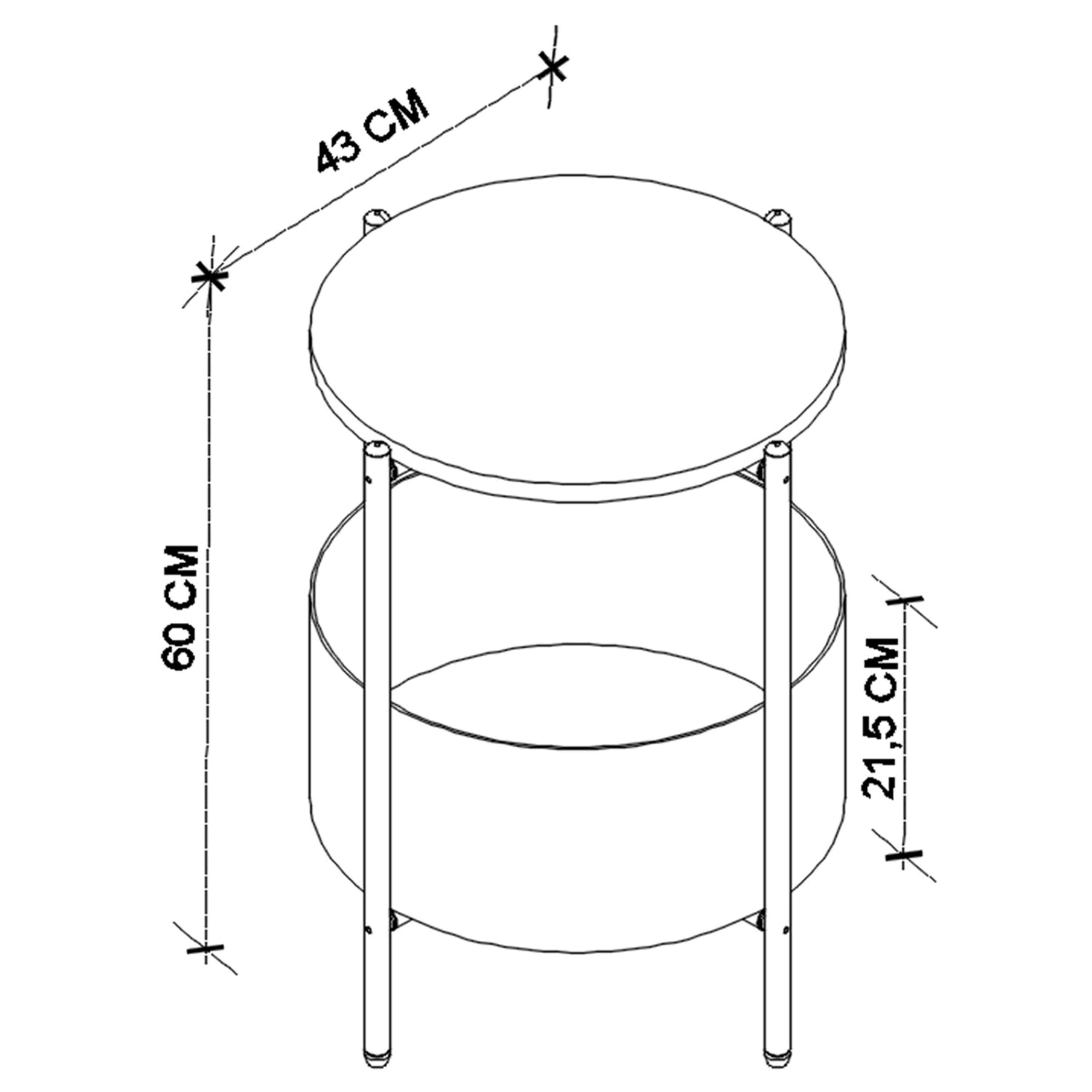 Un dibujo esquemático de una mesa auxiliar redonda de dos niveles. Se indican las dimensiones.