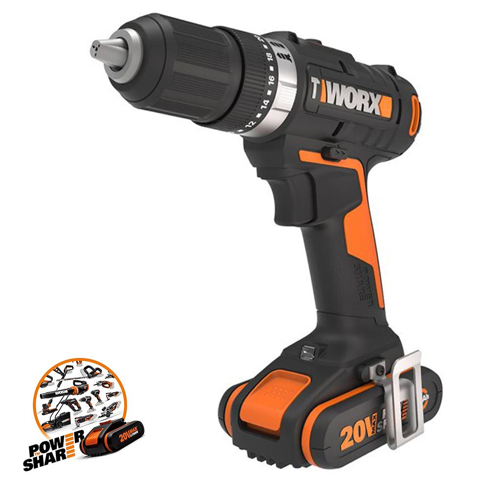 Trapano a batteria nero con accenti arancioni e batteria da 20V.