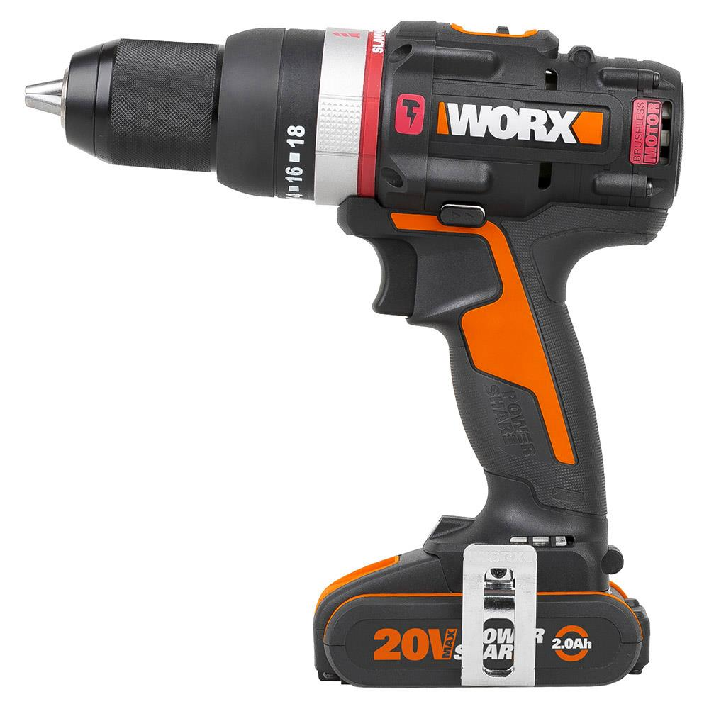 Siyah ve turuncu WORX 20V akülü matkap ve pil paketi.