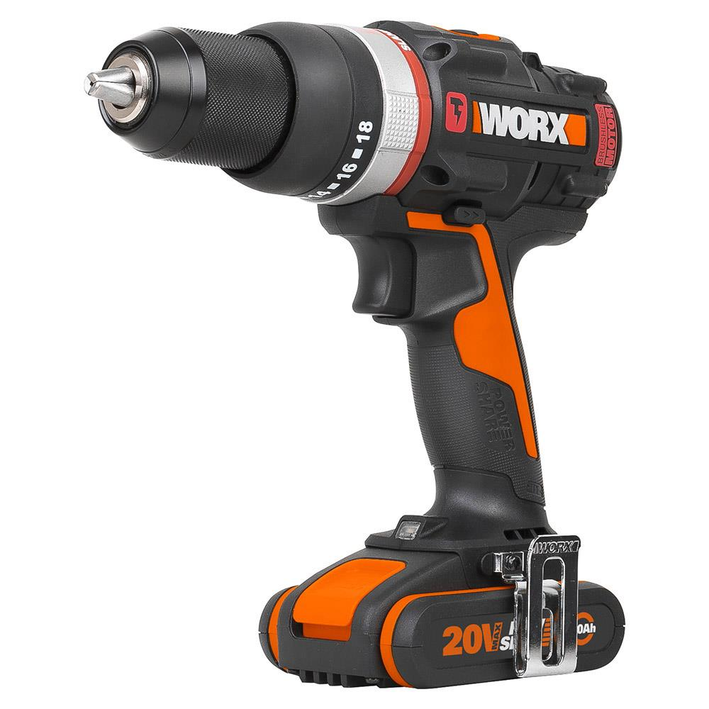 Siyah ve turuncu Worx akülü vidalama, 20V pil, ayarlanabilir tork ayarları.