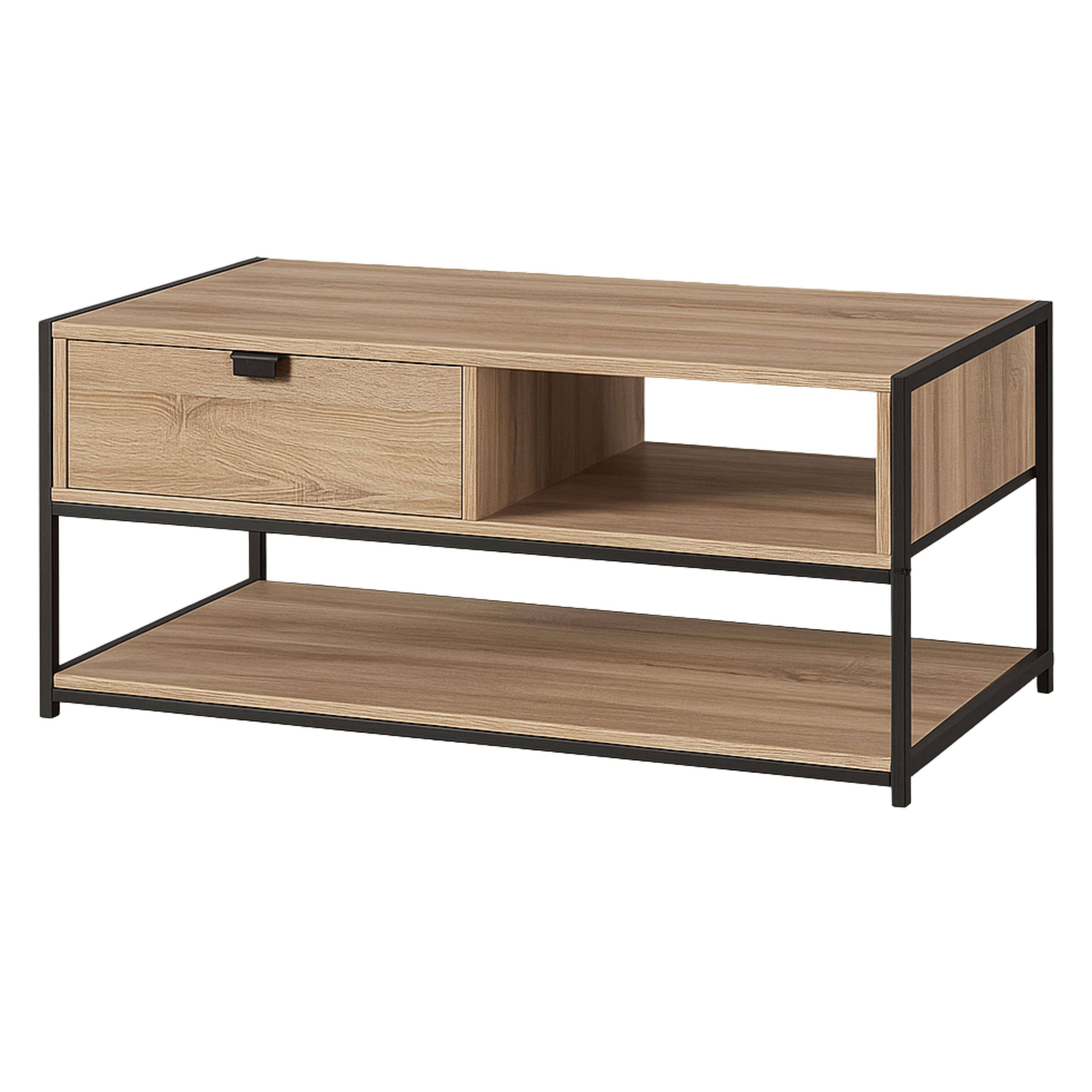 Una mesa de madera con marco de metal negro, un cajón y un estante abierto.