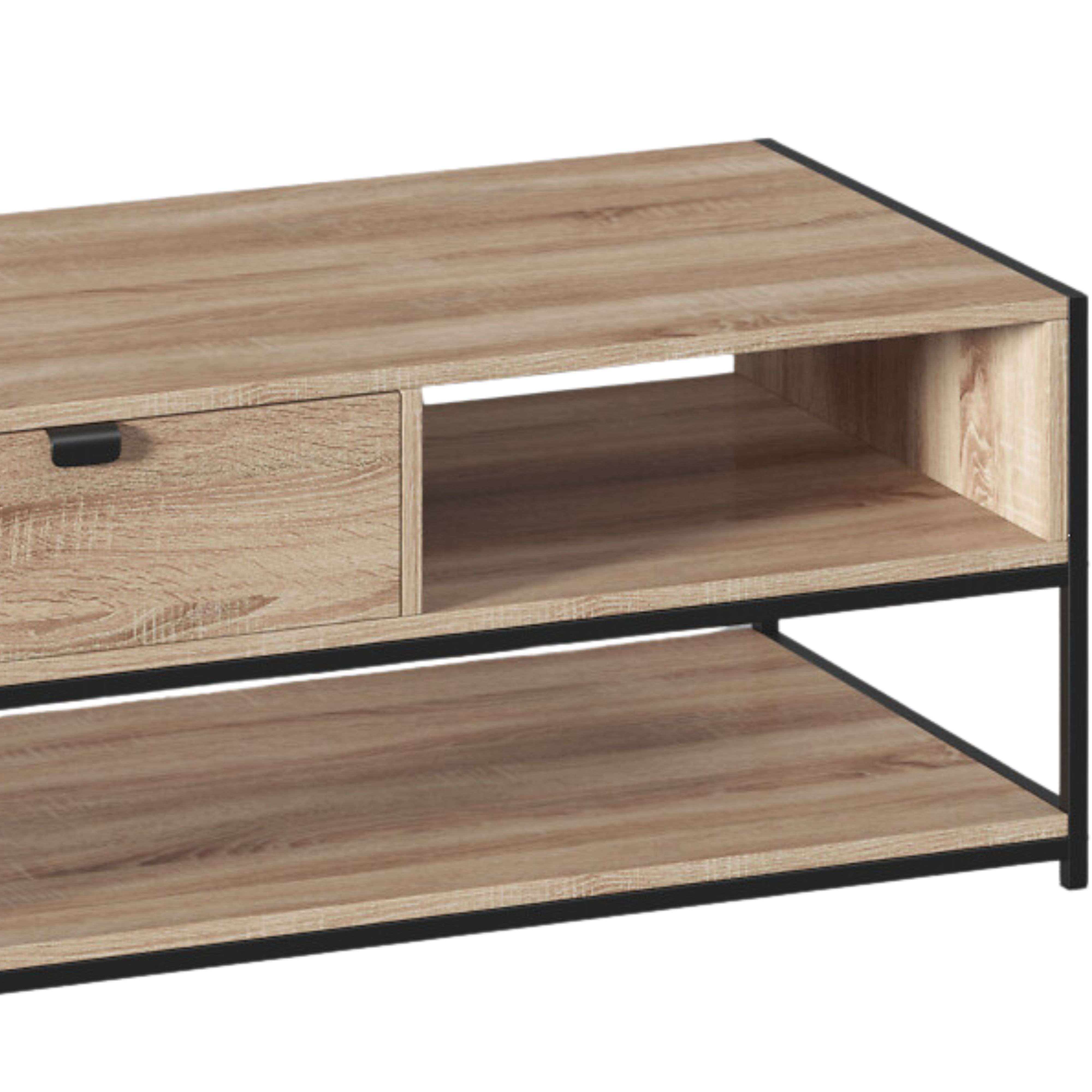 Un mueble de madera marrón claro con marco de metal negro y un cajón.