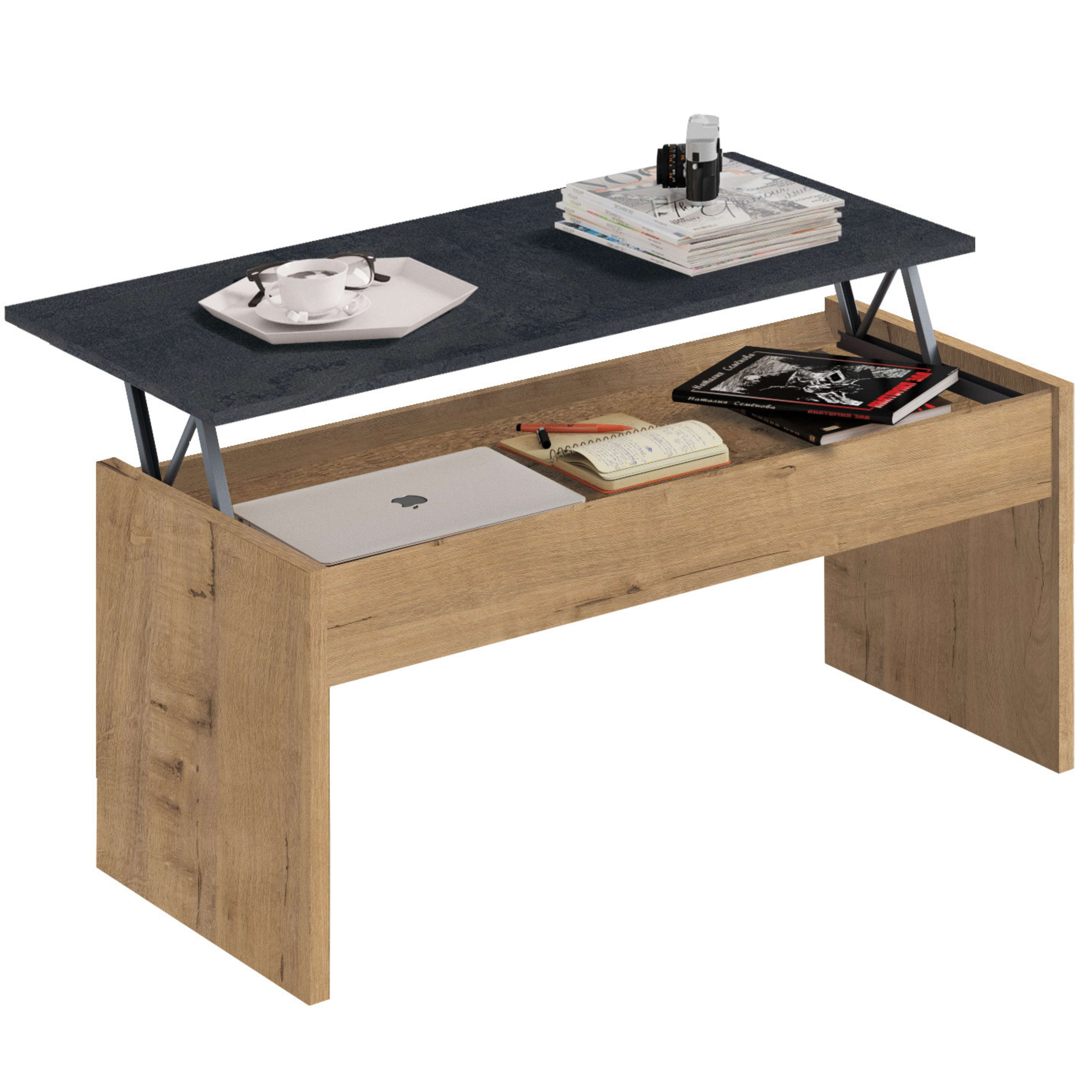 Una mesa de centro elevable con marco de madera, tapa oscura, portátil y libros.