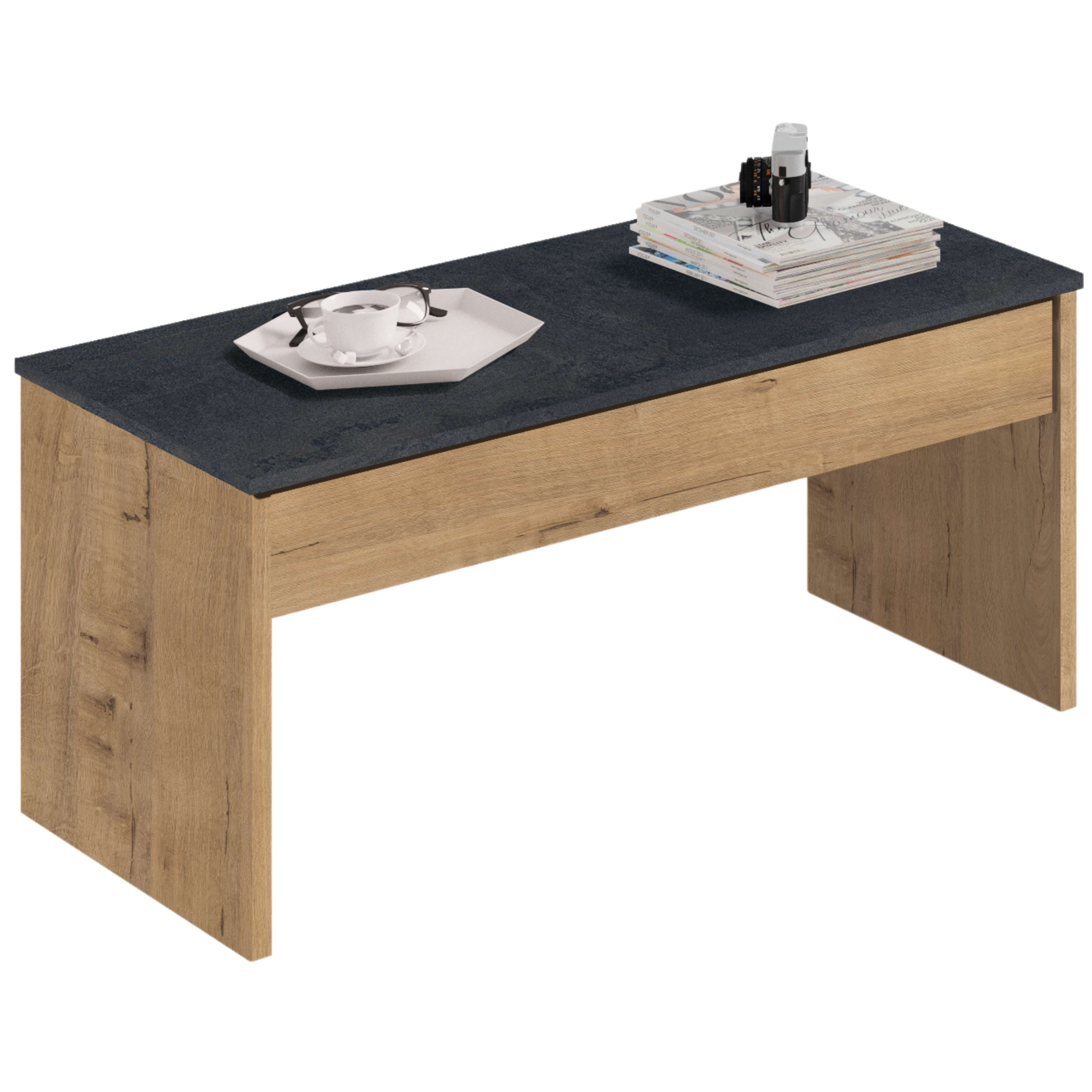 Banco de madera con tapa de piedra oscura, con taza y libros.