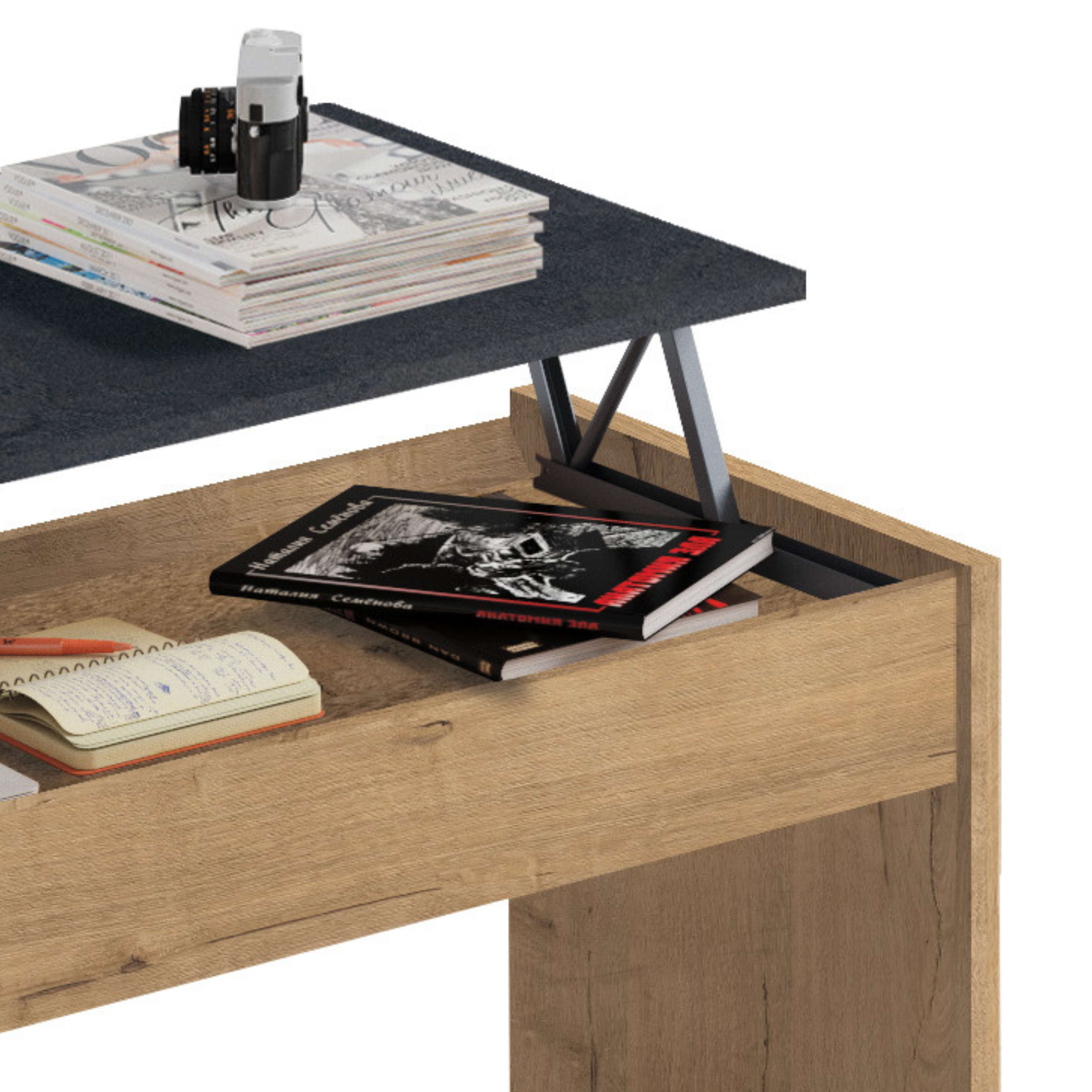 Una mesa elevable con libros, una cámara y un cuaderno.