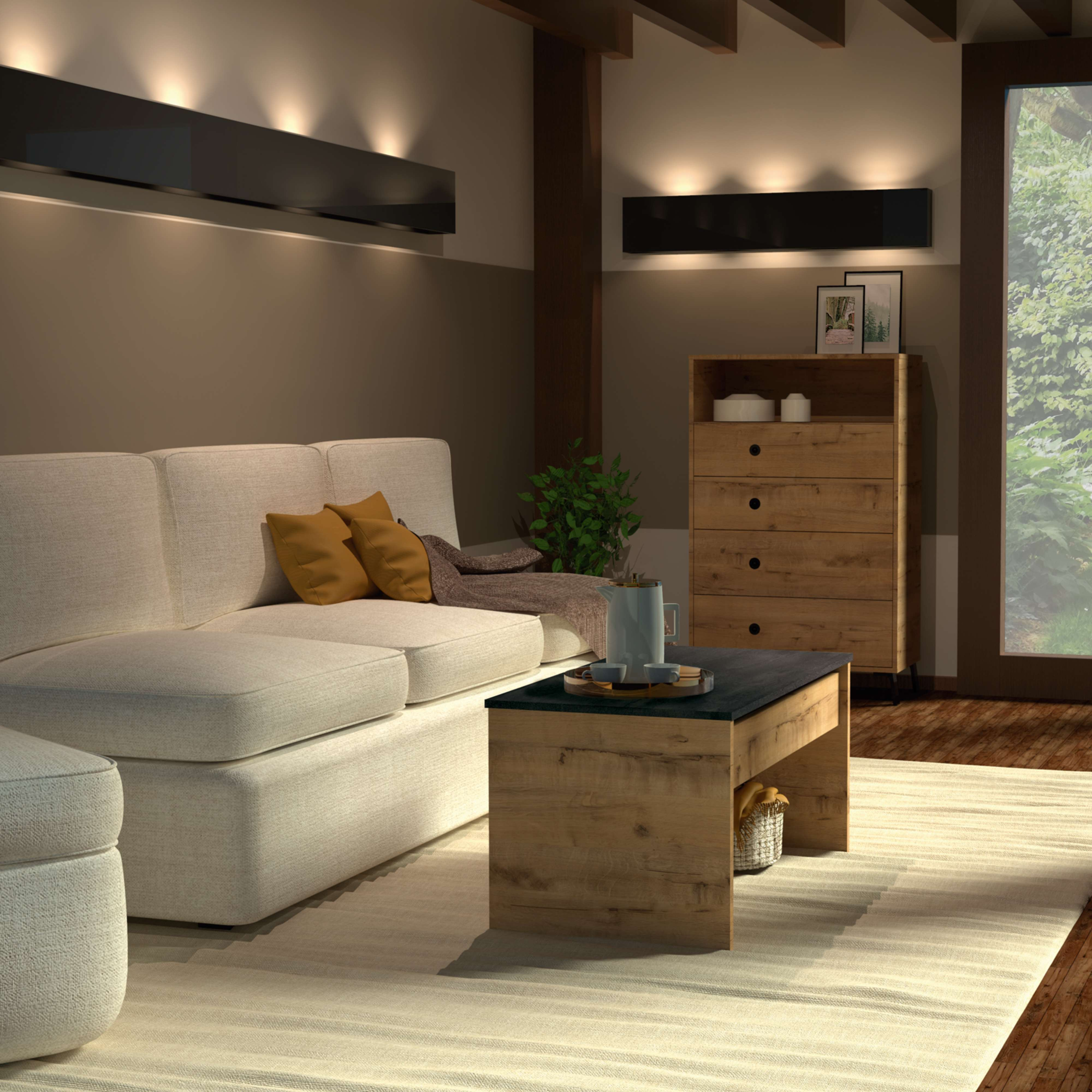 Una sala de estar luminosa con sofá, mesa de centro, cómoda y ventana con vista verde.