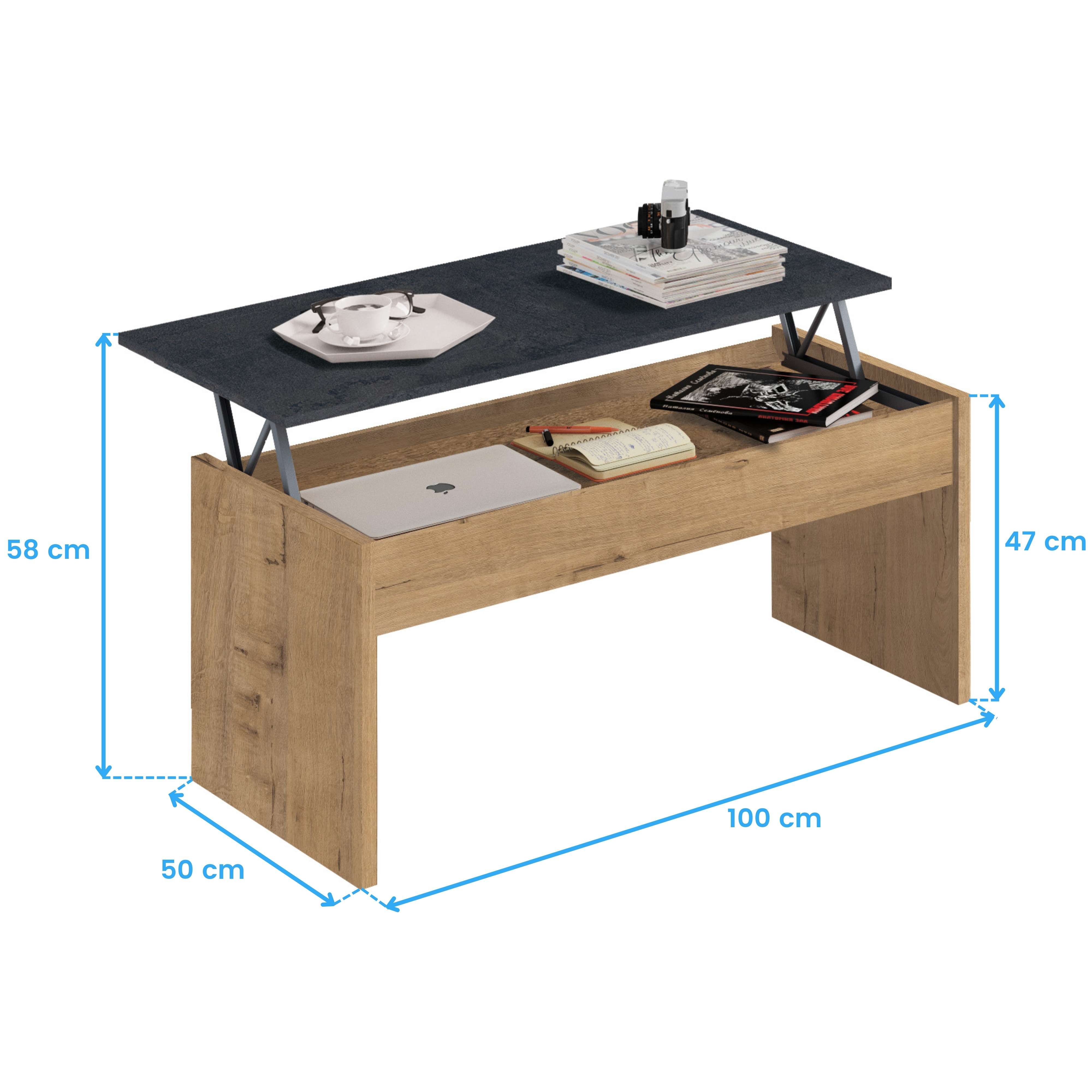 Mesa de centro de madera elevable con libros, portátil y taza encima.