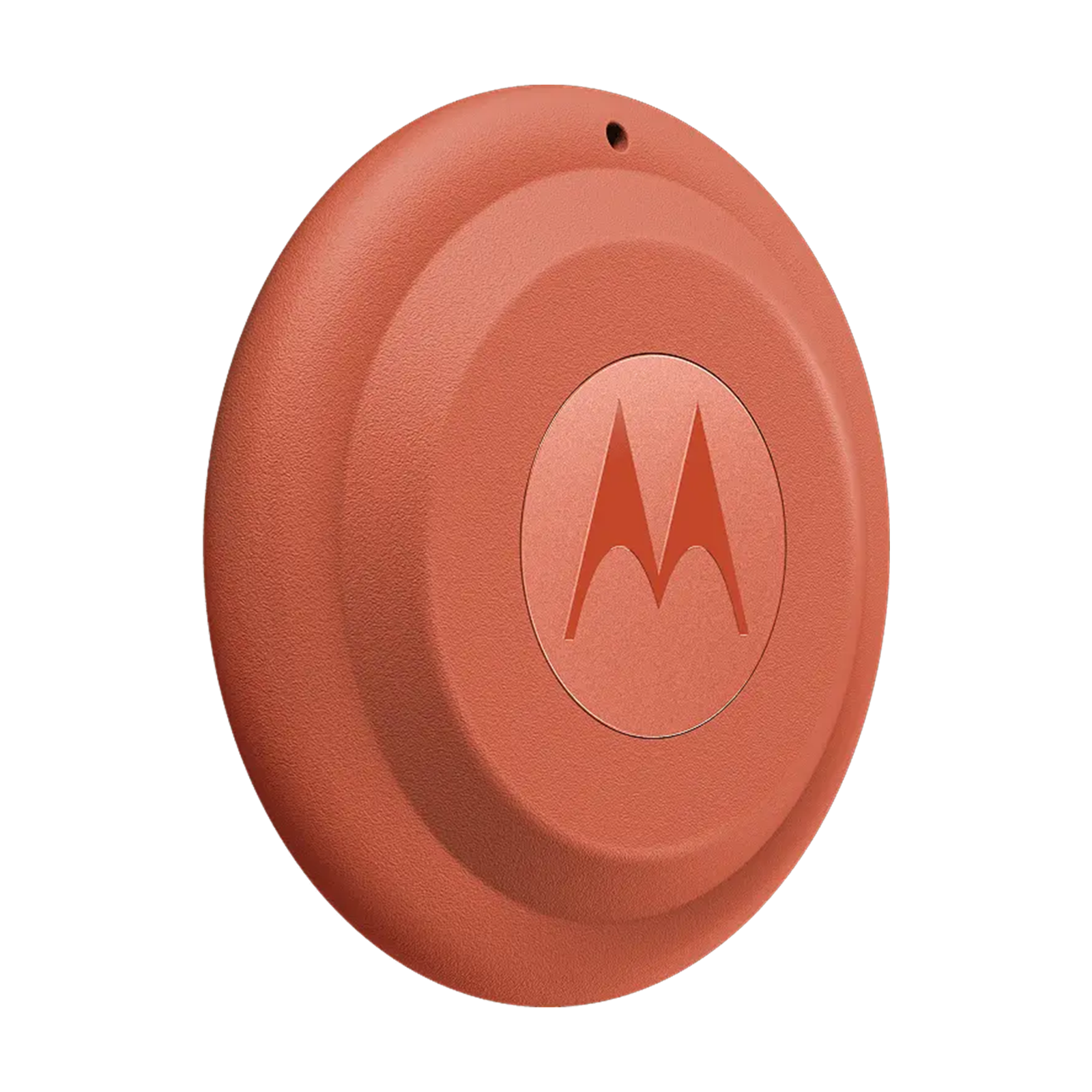 Ein korallenfarbener runder Motorola-Tracker mit Motorolas Logo in der Mitte.