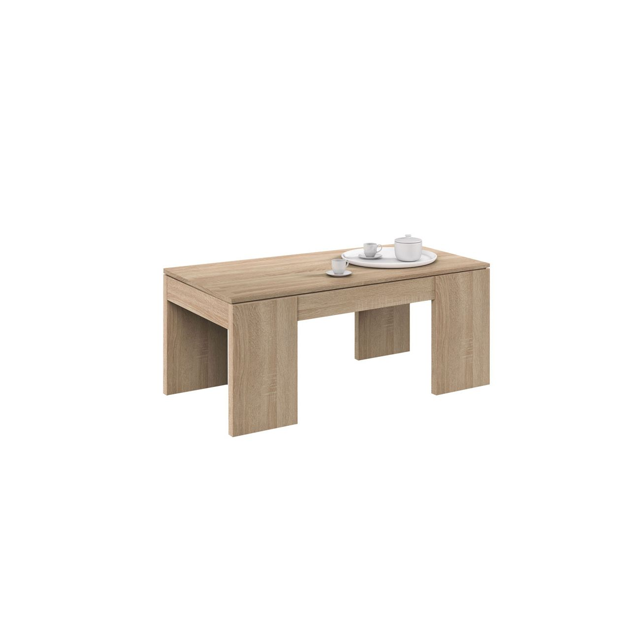 Una mesa de centro de madera con dos tazas y una azucarera en una bandeja.
