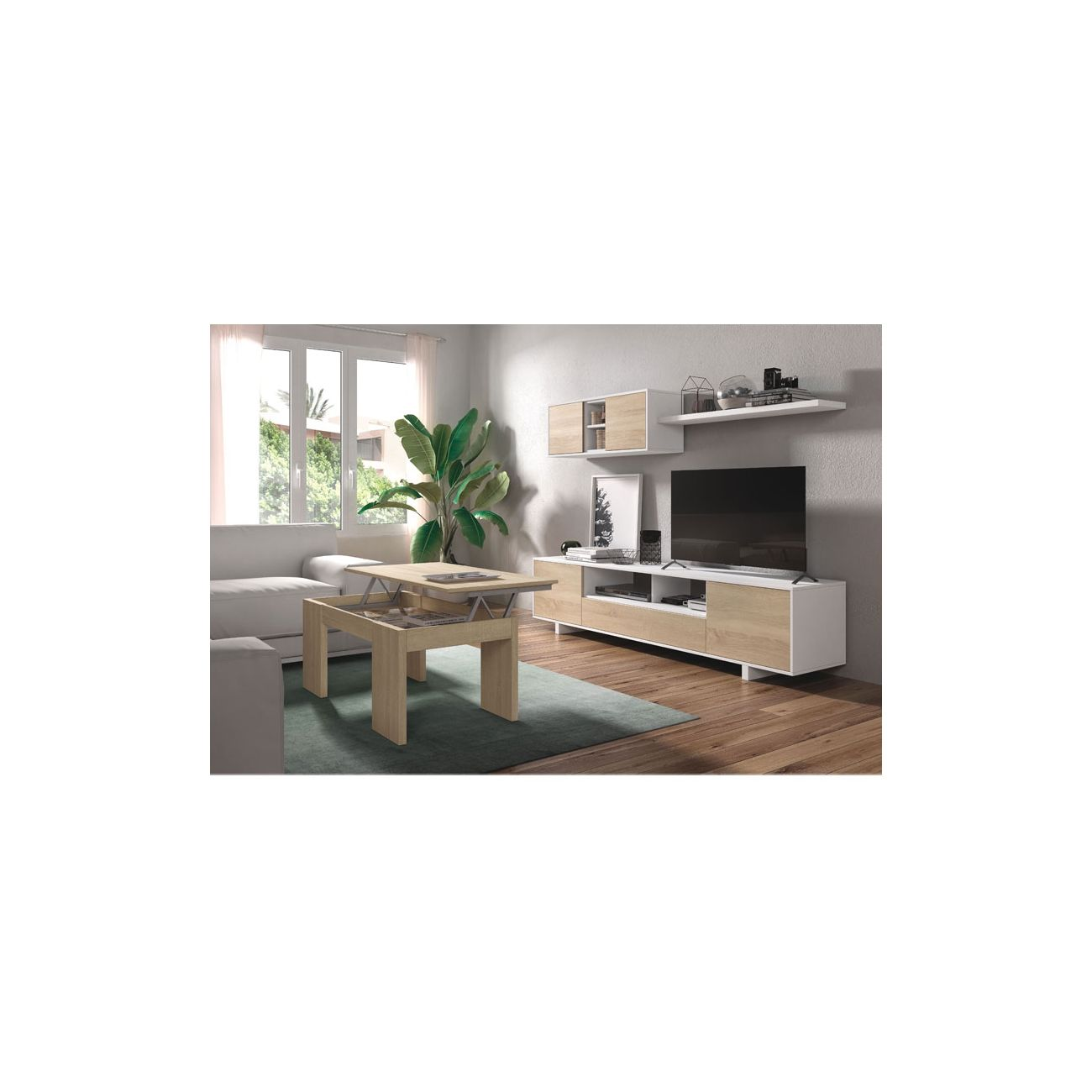 Una sala de estar con sofá, mesa de centro, TV y estante.