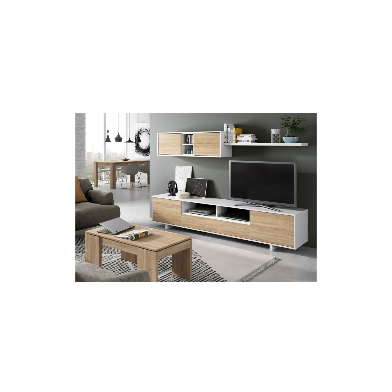 Sala de estar moderna con mueble de TV, sofá, mesa de centro y comedor.