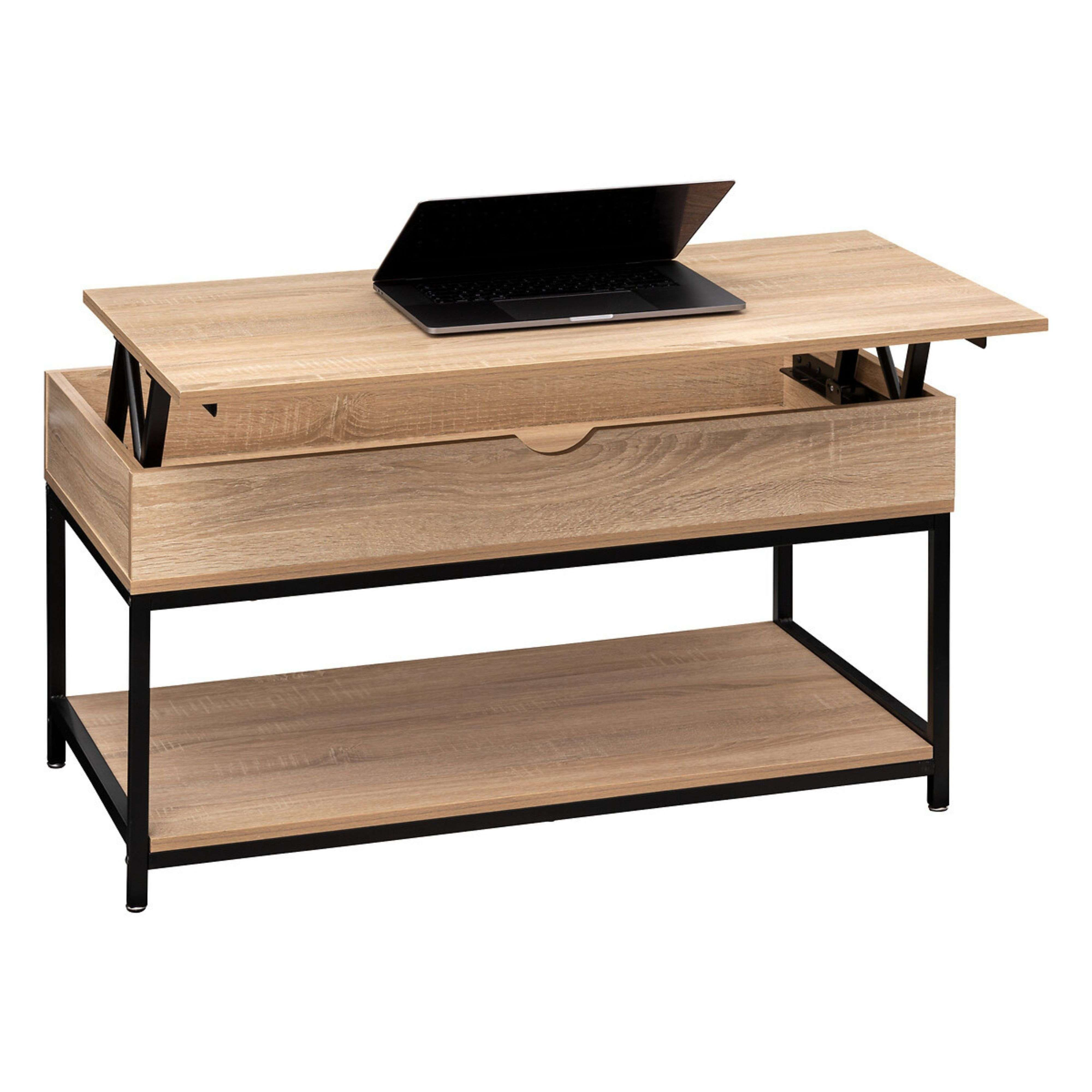 Una mesa de centro de madera con tapa elevable y un portátil.
