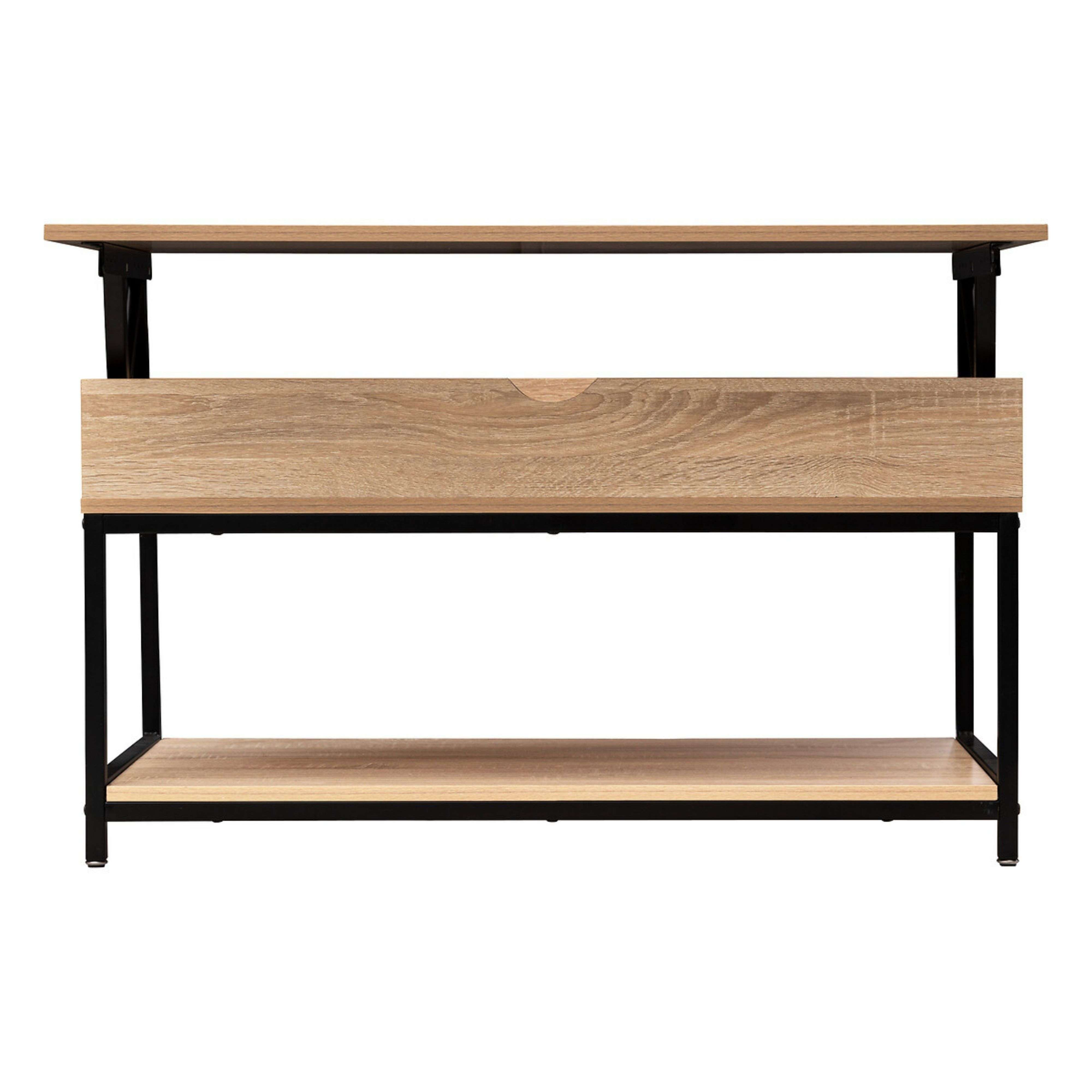 Un estante de madera con marco de metal negro y un cajón.