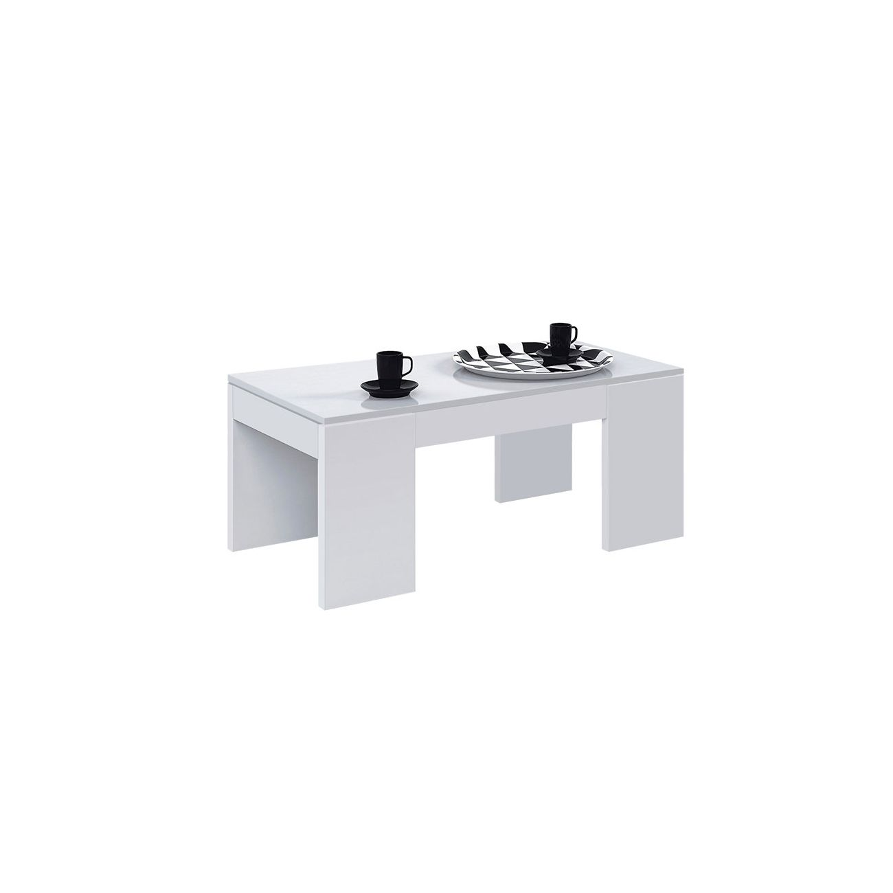 Mesa de centro blanca moderna con dos tazas de café negras y una bandeja estampada.