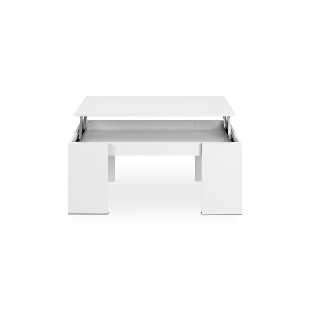 Una mesa de centro blanca elevable sobre fondo blanco.