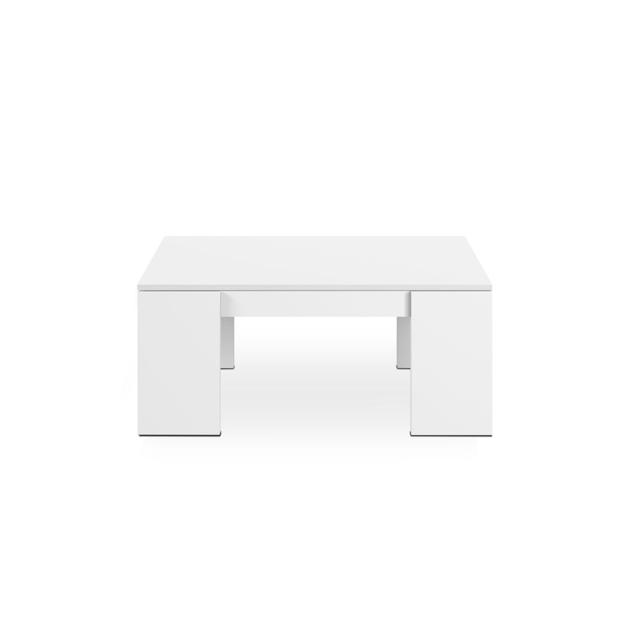 Una mesa de centro moderna blanca con diseño rectangular y dos compartimentos de almacenamiento laterales.