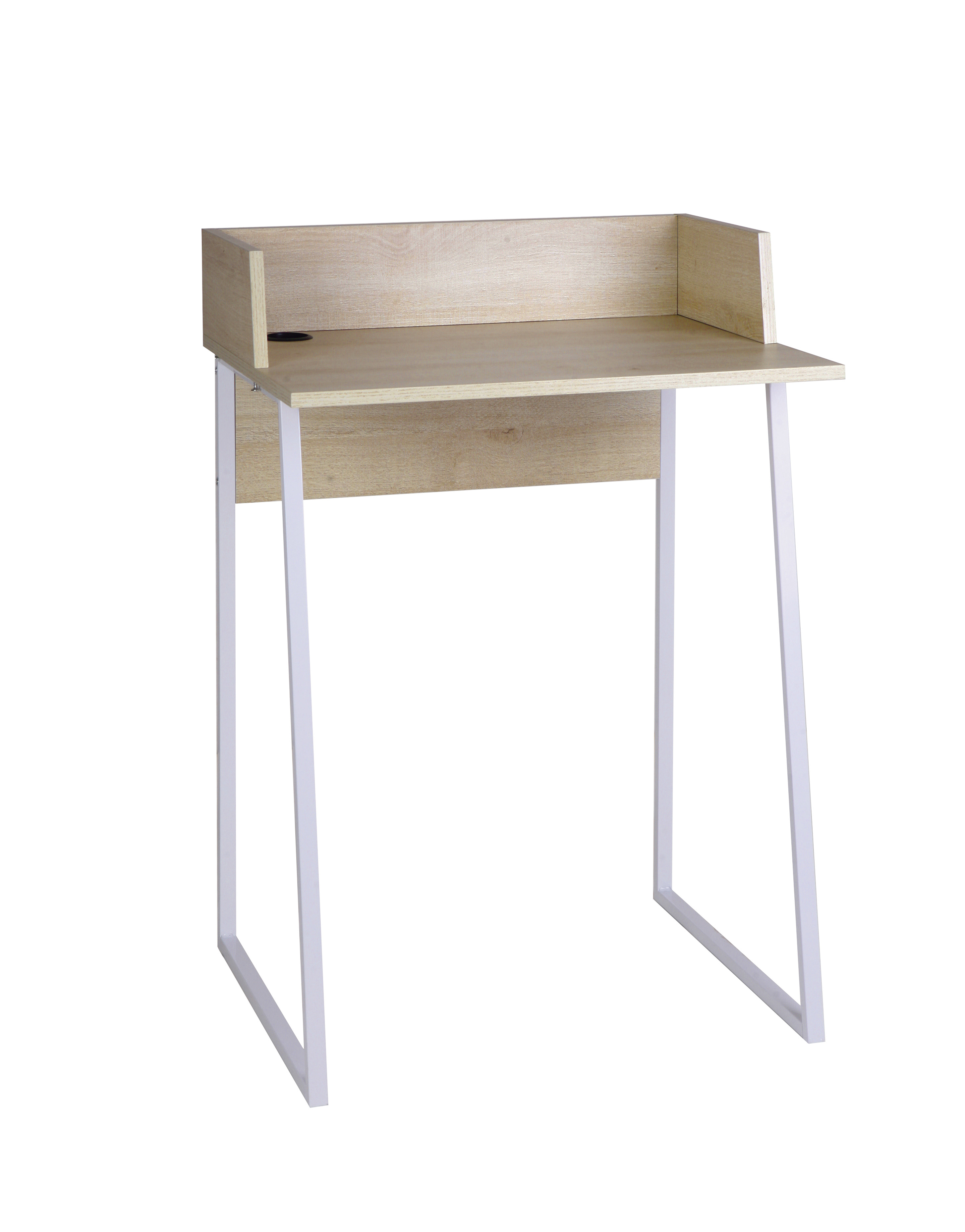 Un escritorio de madera clara con patas de metal blancas.