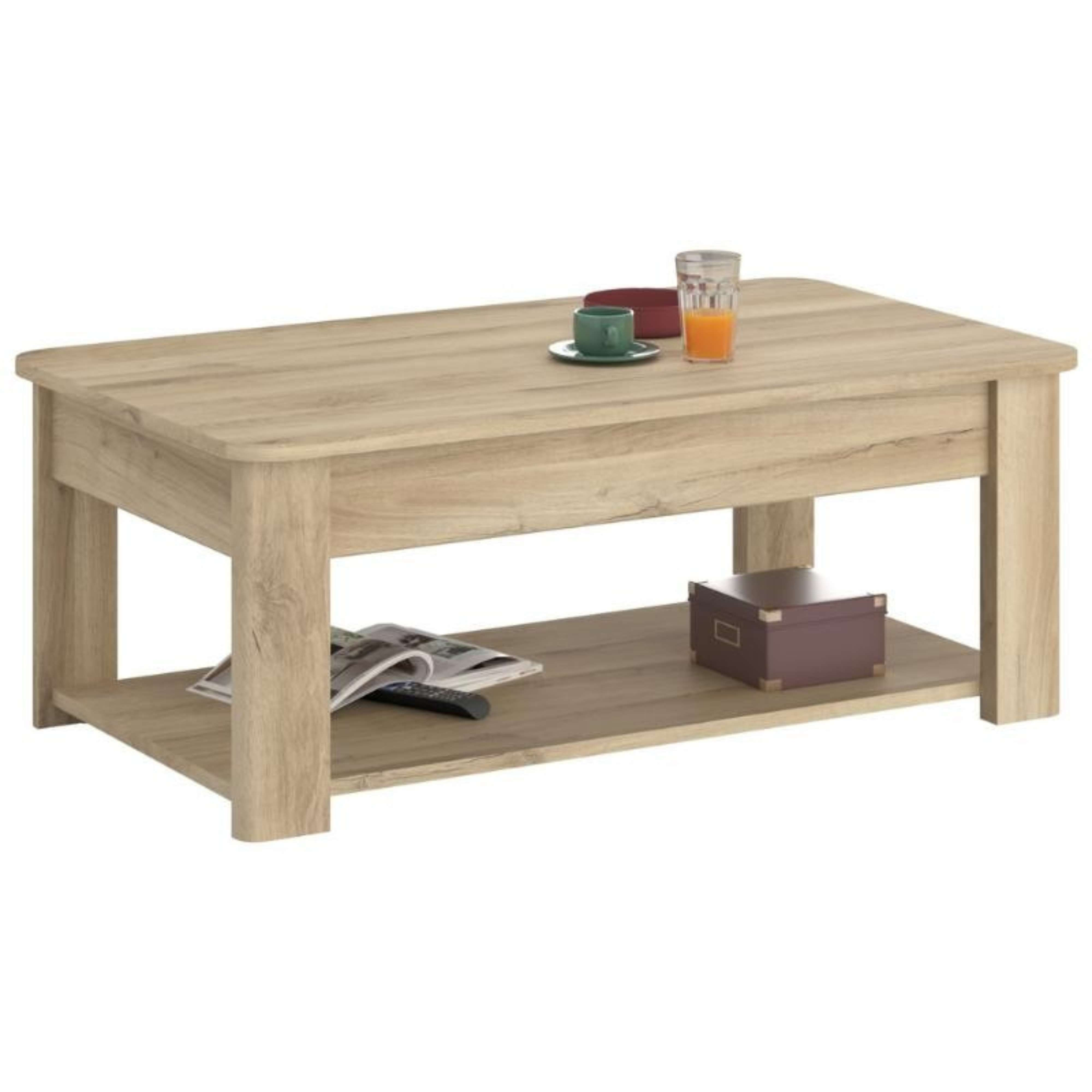 Mesa de centro de madera con dos estantes, con taza, cuenco, vaso de jugo, libro y caja.