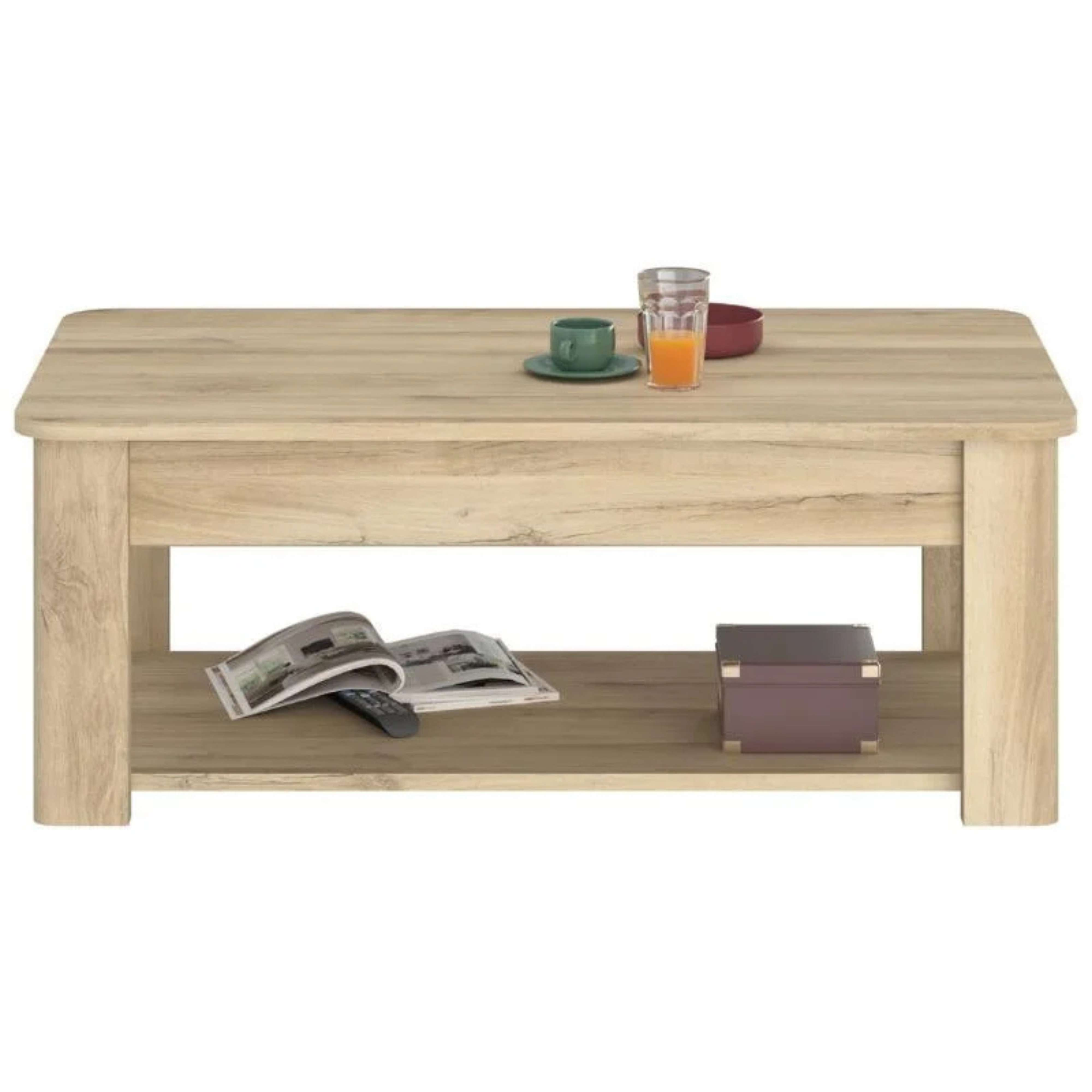 Mesa de centro de madera clara con taza, vaso de jugo, cuenco, libro y mando.