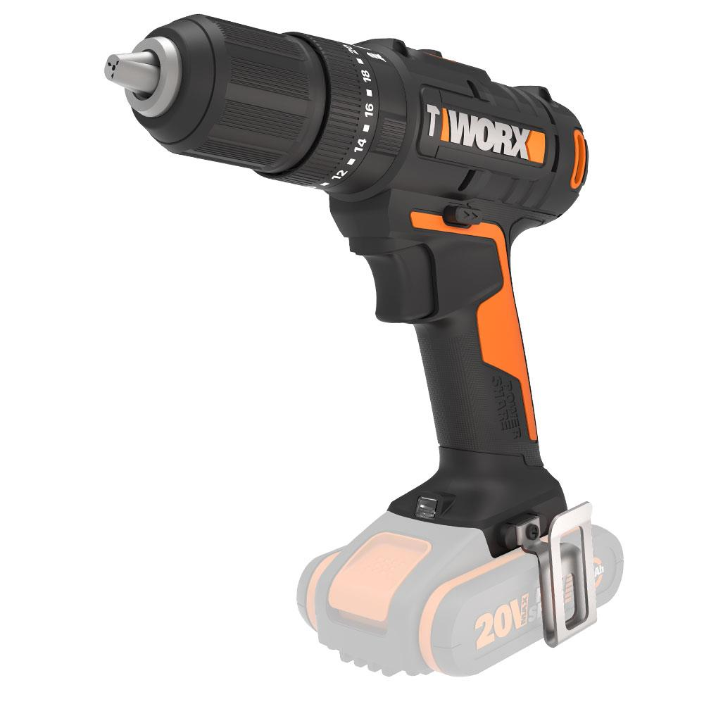 Siyah ve turuncu Worx akülü vidalama makinesi, 20V pil.