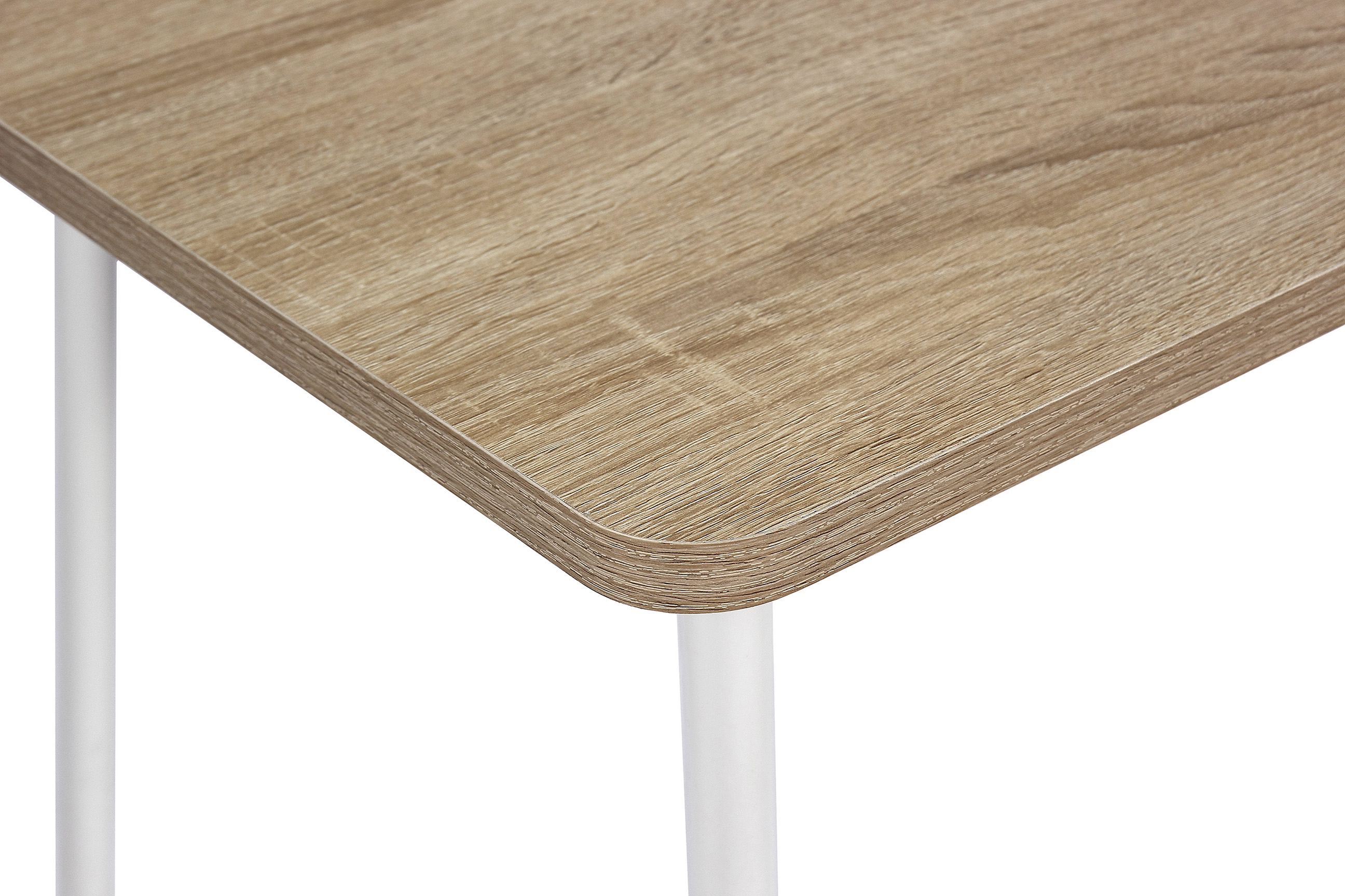 Tablero de madera veteada con patas blancas sobre fondo blanco.