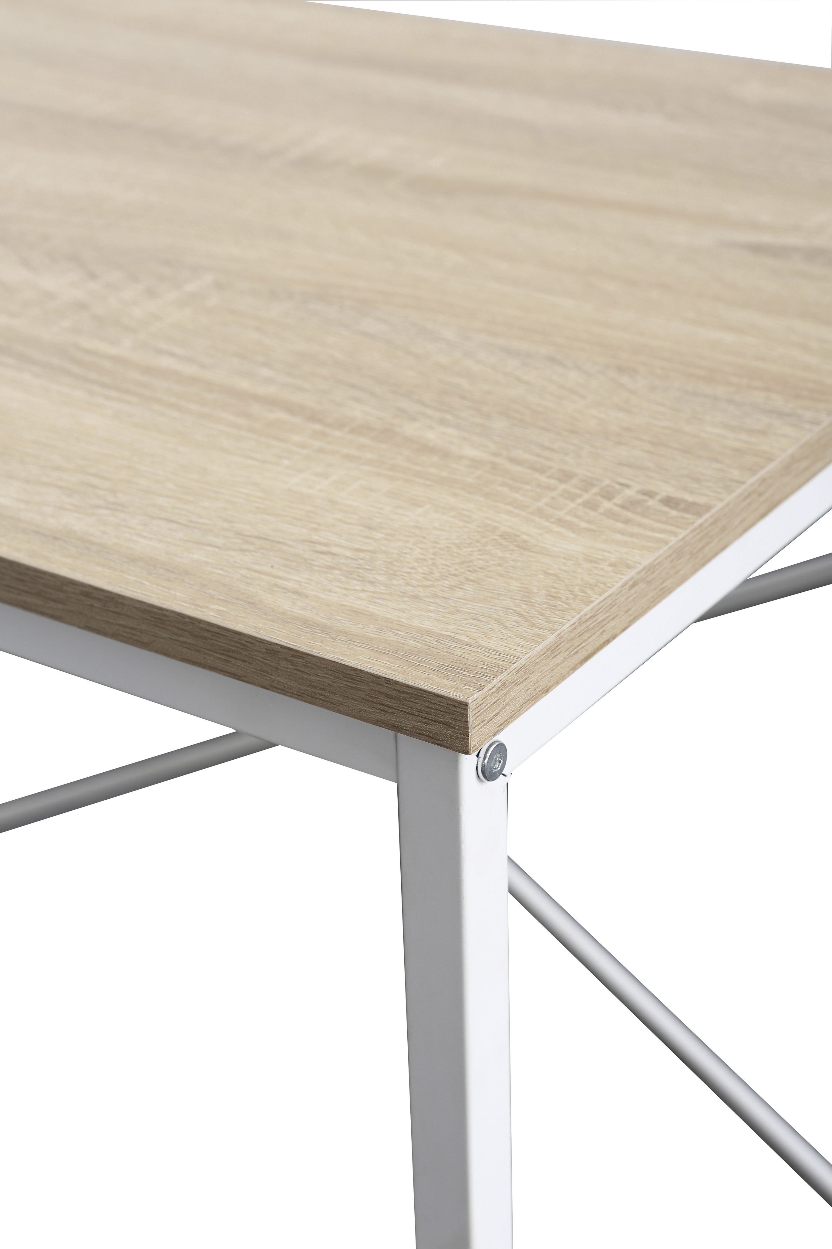 Primer plano de tablero de madera marrón claro con marco y patas de metal blanco.