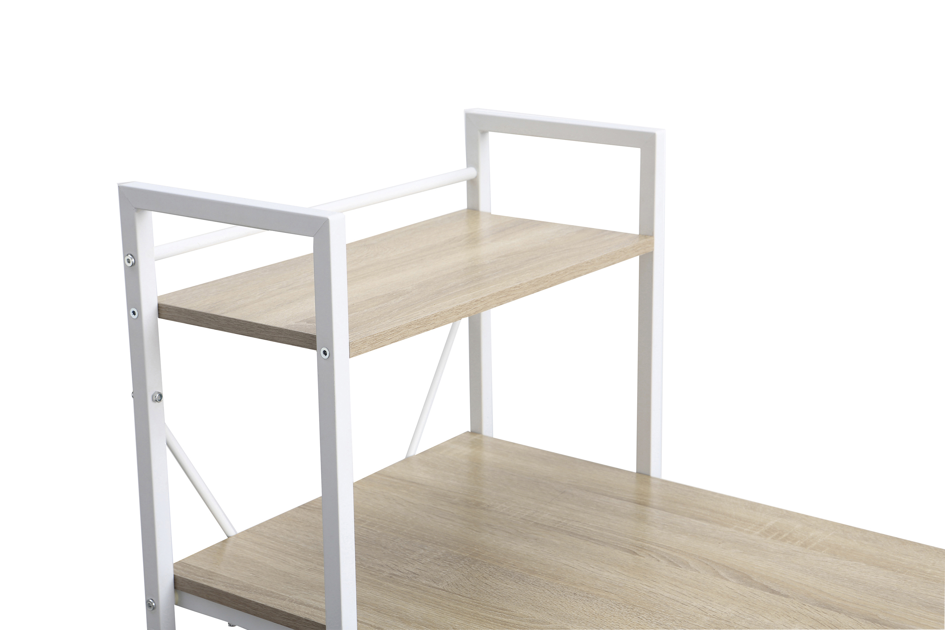 Un estante blanco con superficies de madera y marco de metal.