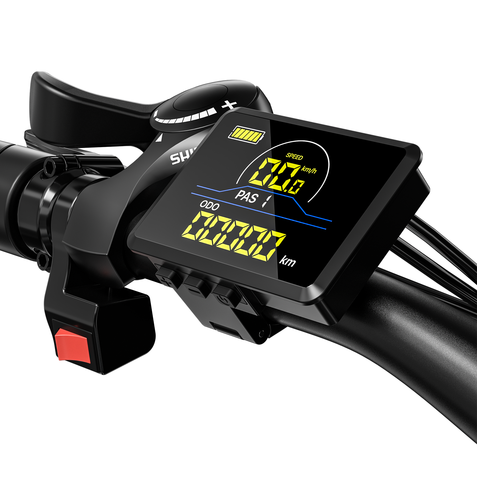 Primer plano manillar e-bike negro con pantalla digital: velocidad 0,7 km/h, ODO 00000 km.
